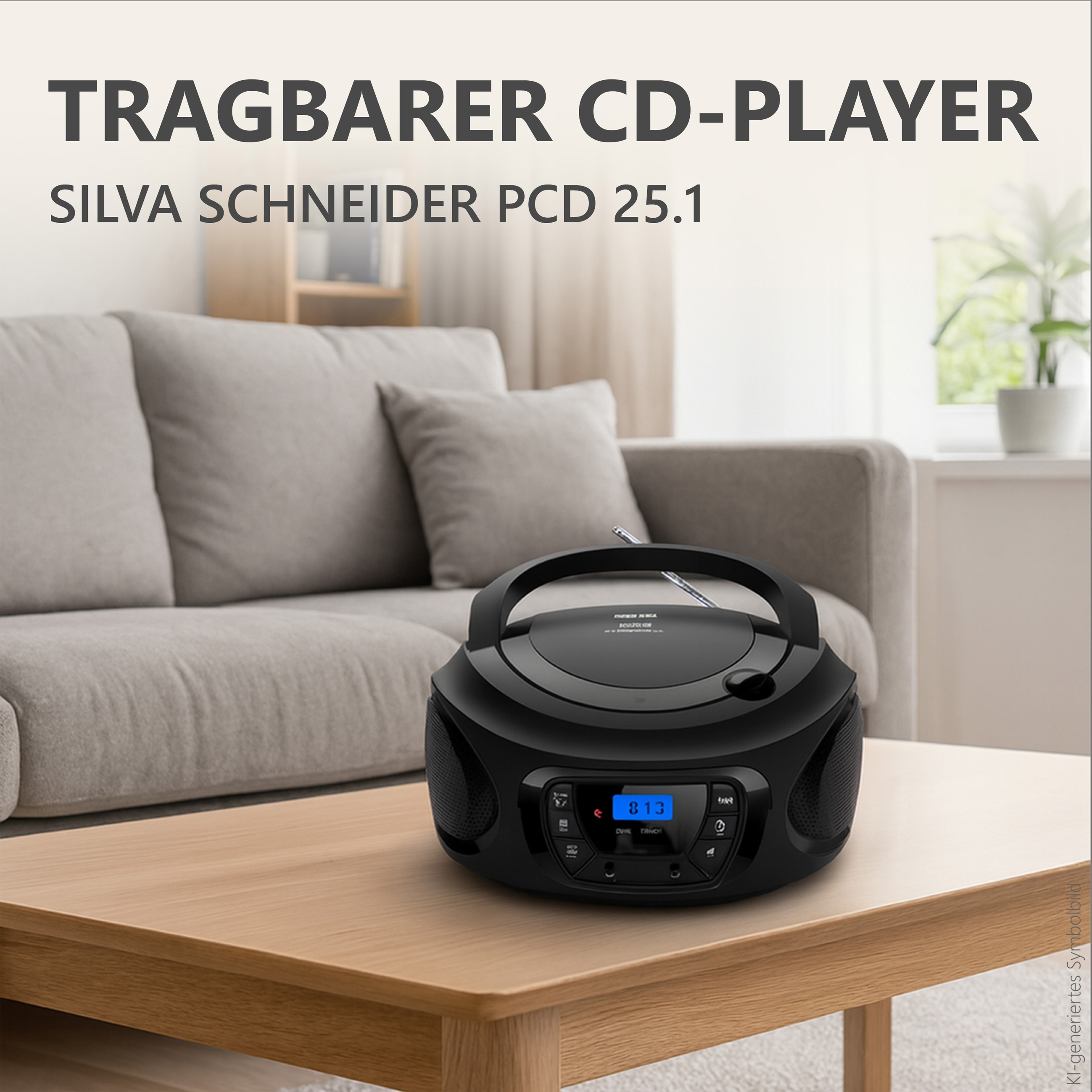 Schwarzer Silva Schneider tragbarer CD-Player auf einem Holztisch.