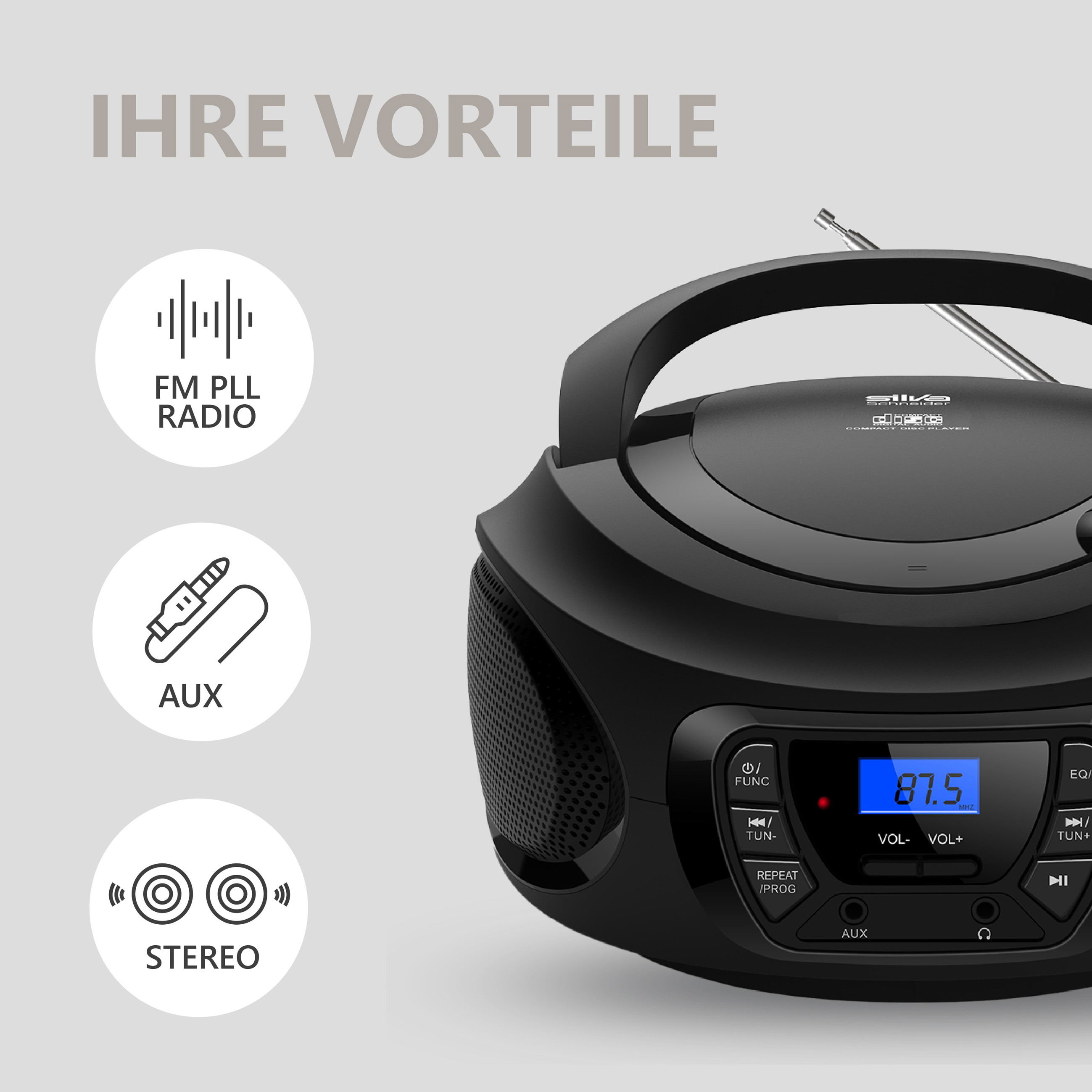 Schwarzer Boombox-CD-Player mit Radio, AUX-Eingang und Stereoanzeige.
