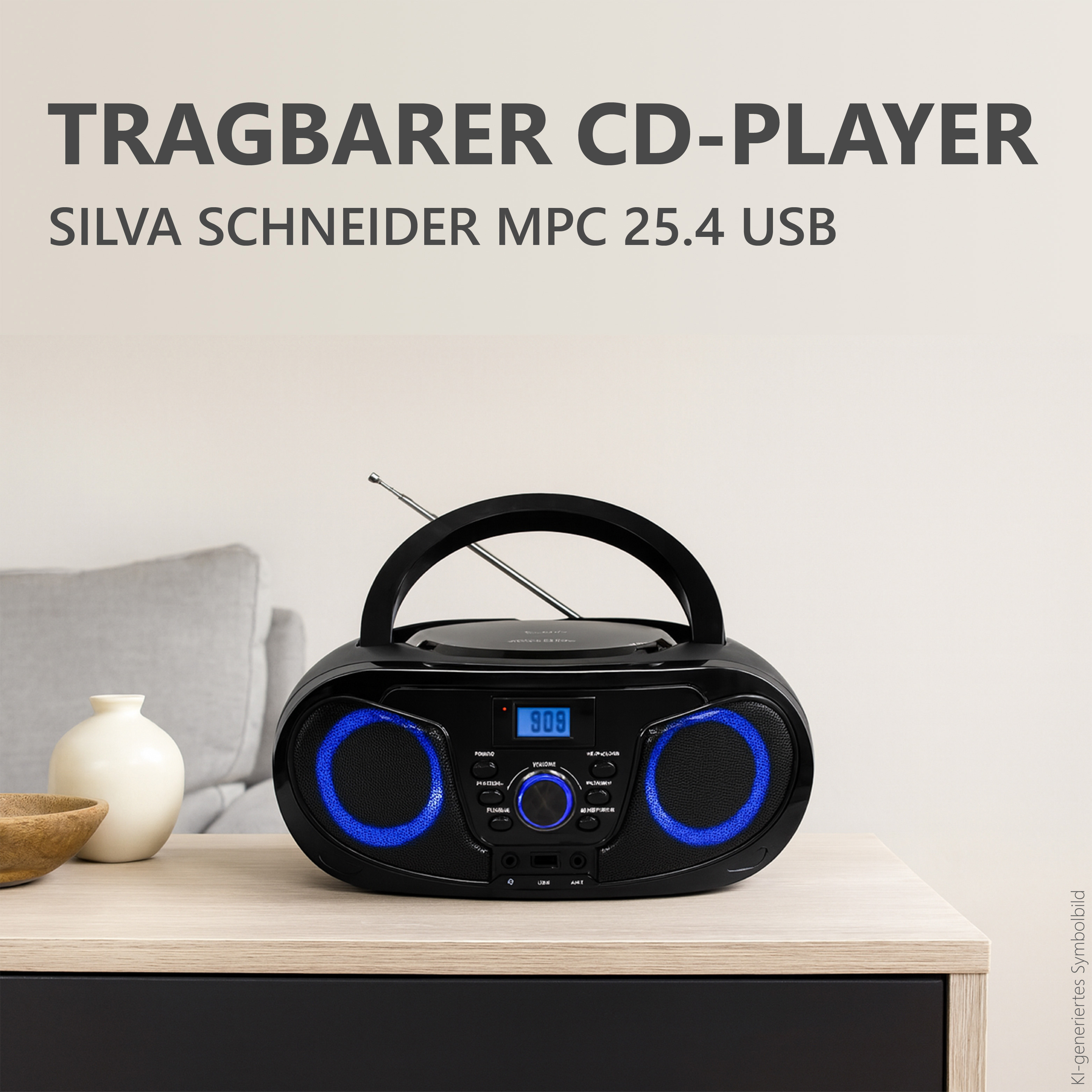 Schwarzer tragbarer CD-Player mit blauen Akzenten auf den Lautsprechern.