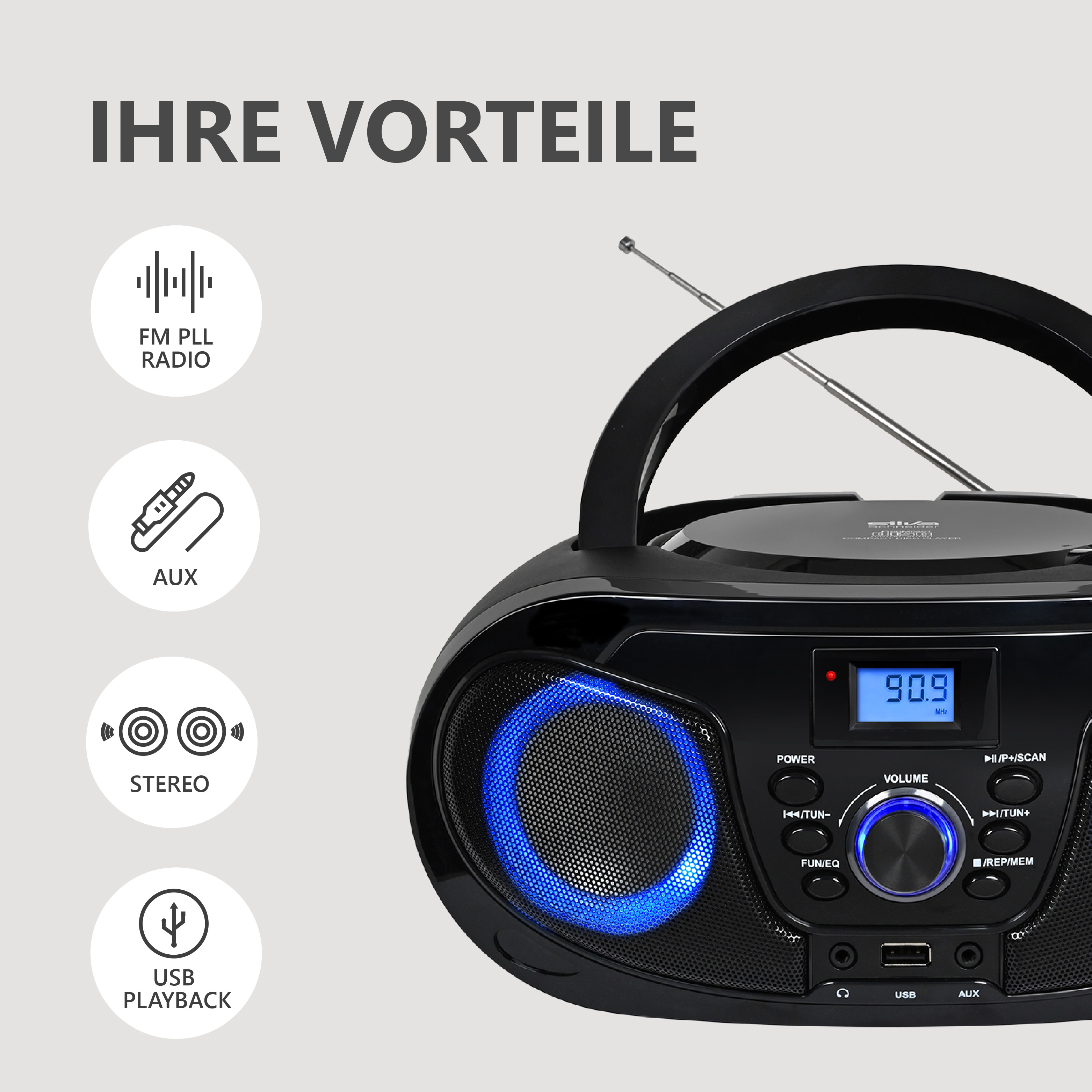 Schwarzer tragbarer CD-Player mit blau beleuchtetem Lautsprecher und Bedienfeld.