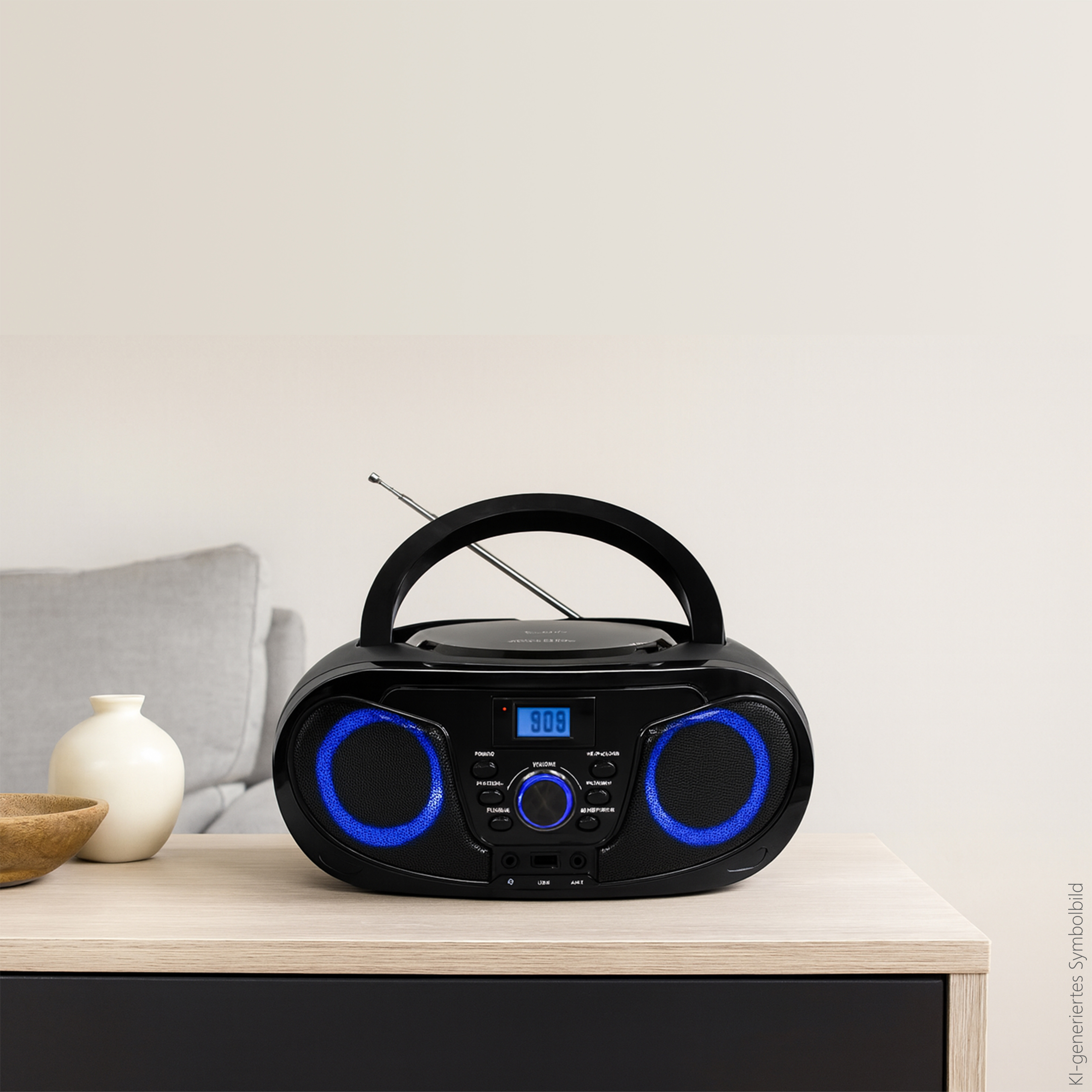Schwarzer Boombox mit blauen Lichtern auf einem Holztisch.