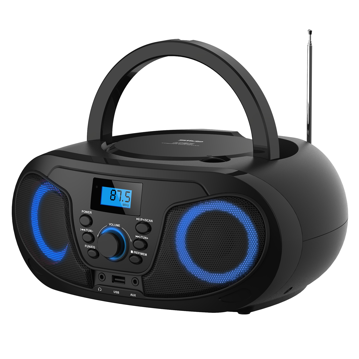 Schwarzer Boombox mit blau beleuchteten Lautsprechern und ausziehbarem Antenne.