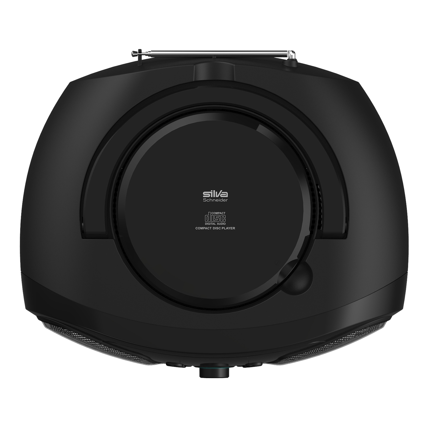 Schwarzer CD-Player mit Radioantenne und Lautsprechern.