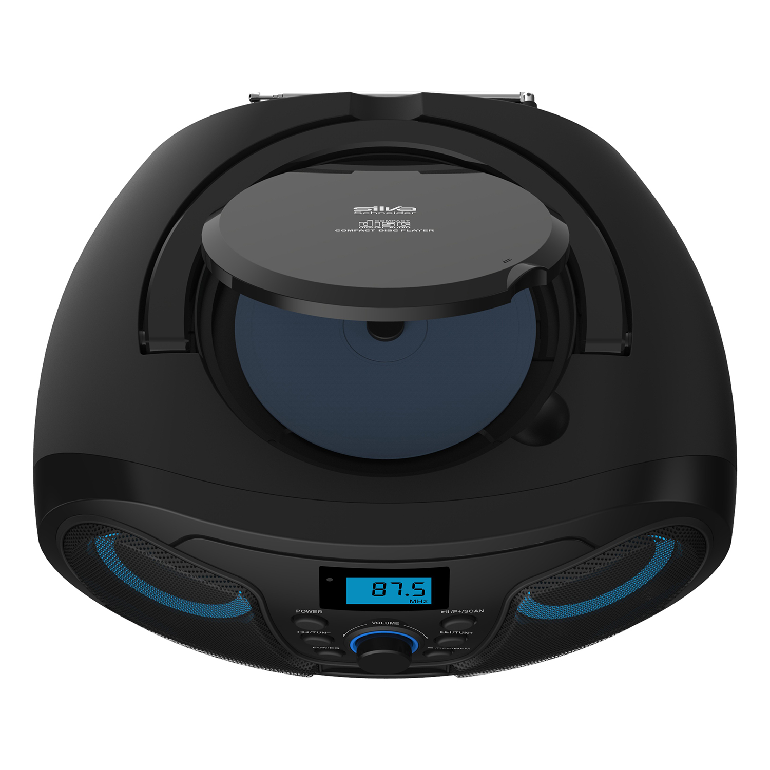Ein schwarzer CD-Player mit Radio und blauen Akzenten, offen mit CD.