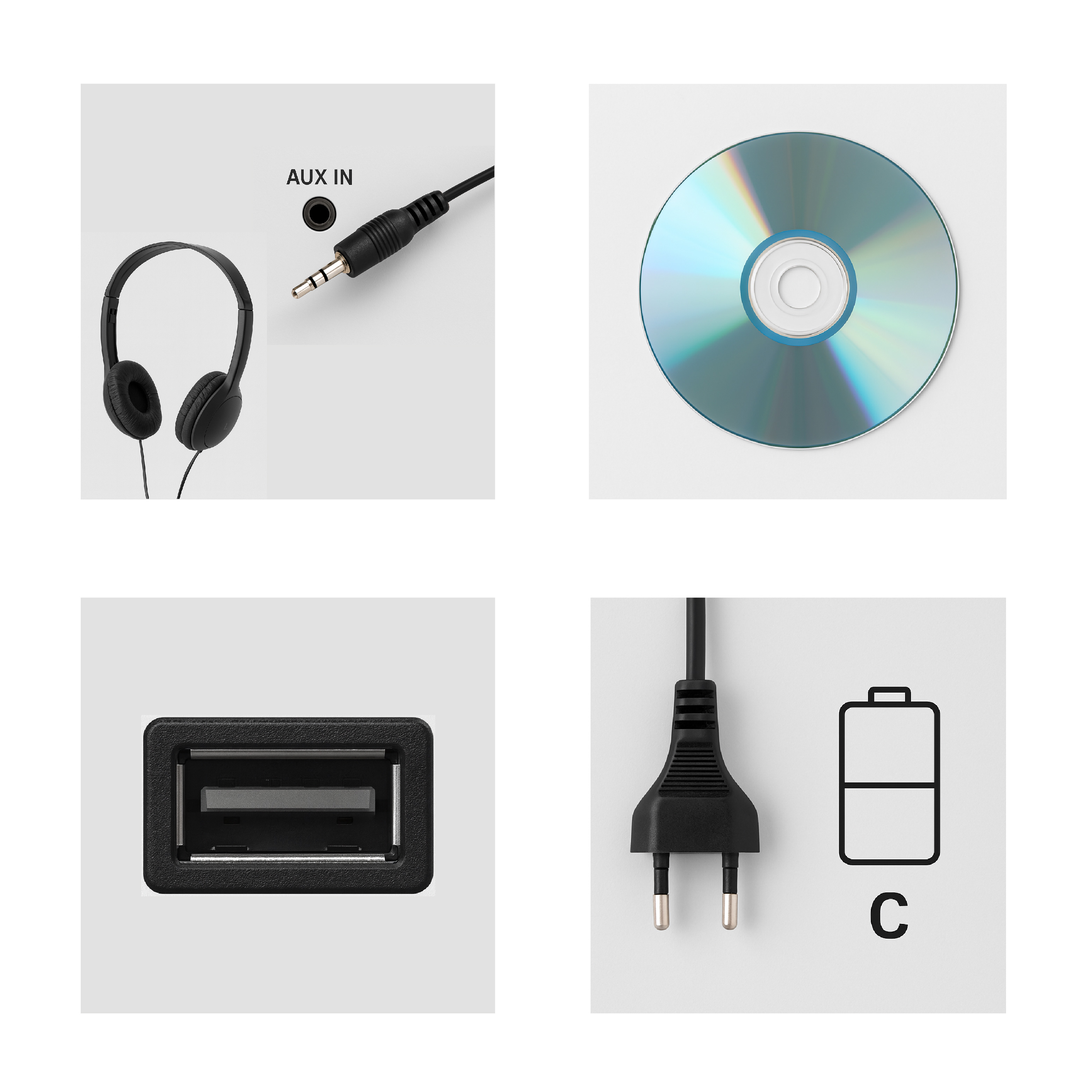 Kopfhörer mit AUX-Kabel, CD, USB-Anschluss und Netzstecker.