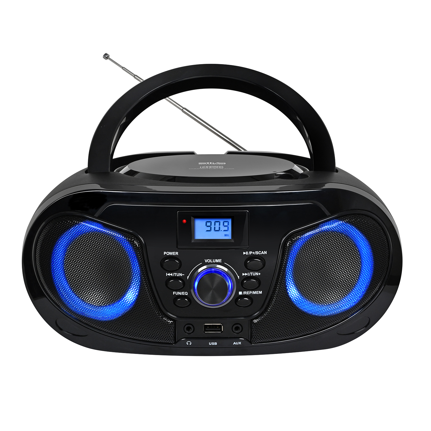 Schwarzer Boombox mit blau beleuchteten Lautsprechern und Antenne.