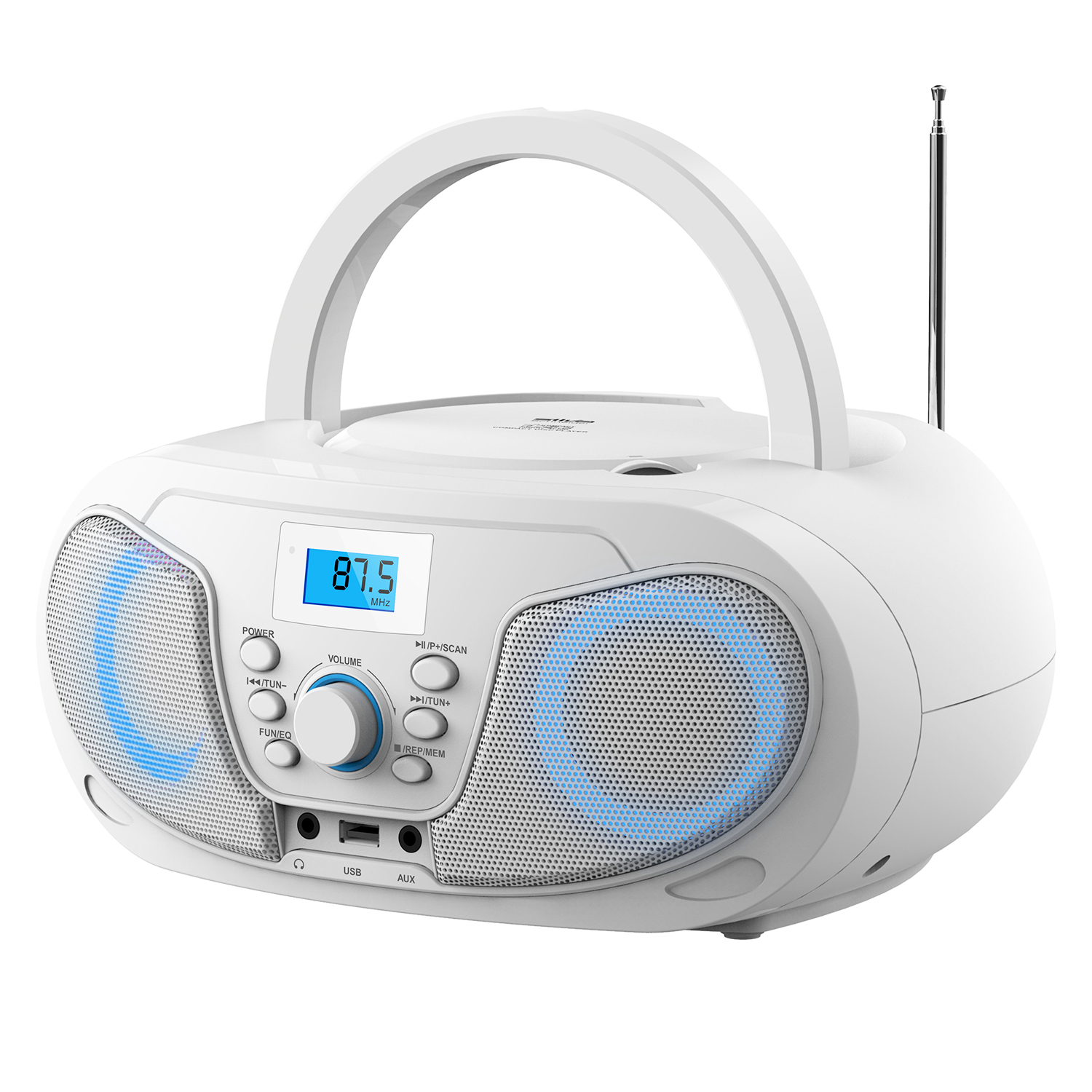 Ein weißer tragbarer CD-Player mit Radio, Antenne und beleuchteten Lautsprechern.