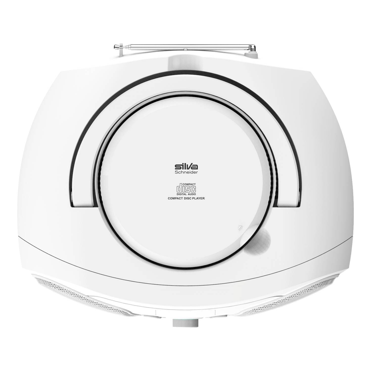 Ein weißer CD-Player mit Radioantenne und Lautsprechergittern.