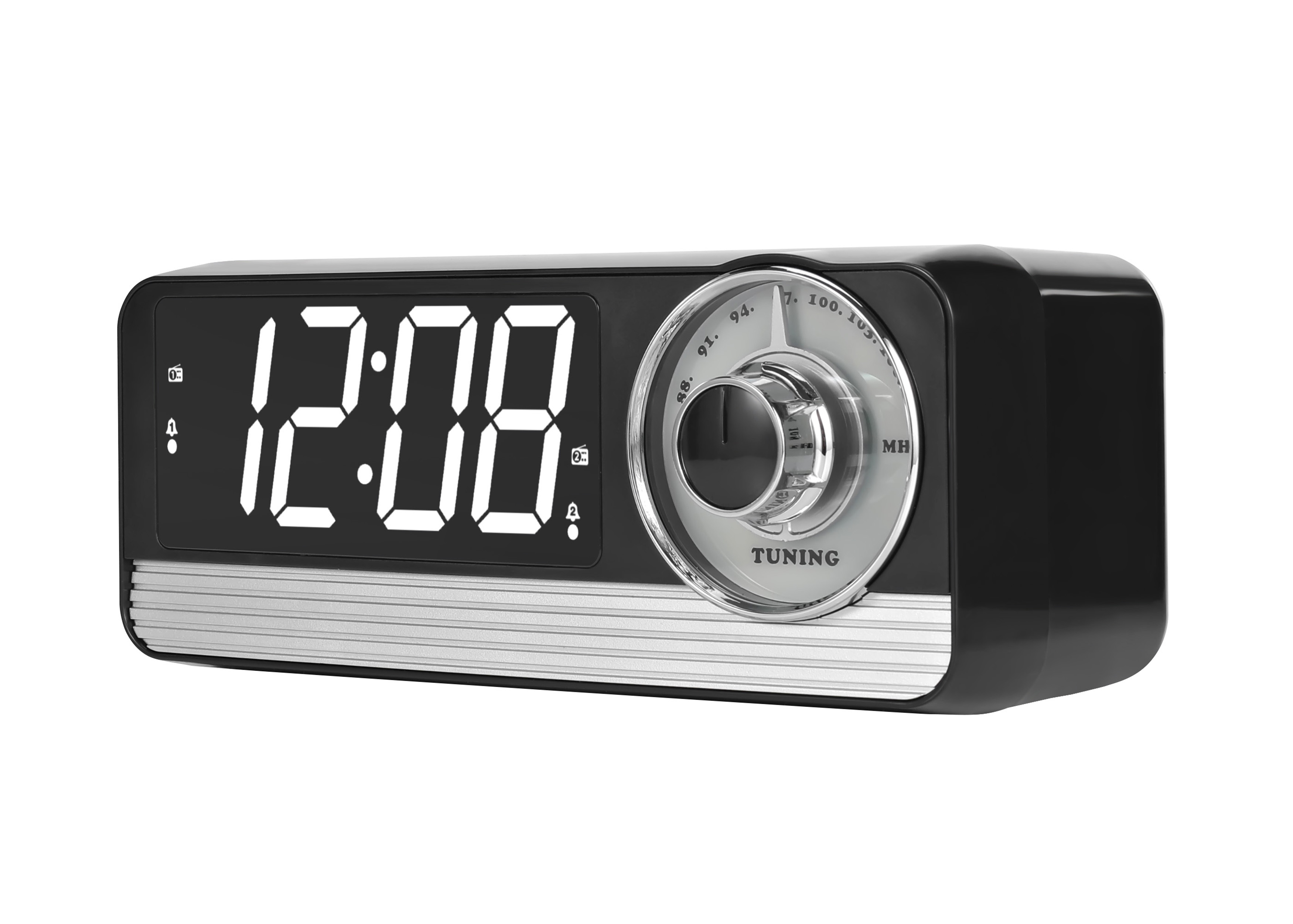 Ein schwarzer digitaler Wecker mit silbernem Abstimmknopf, der 12:08 anzeigt.