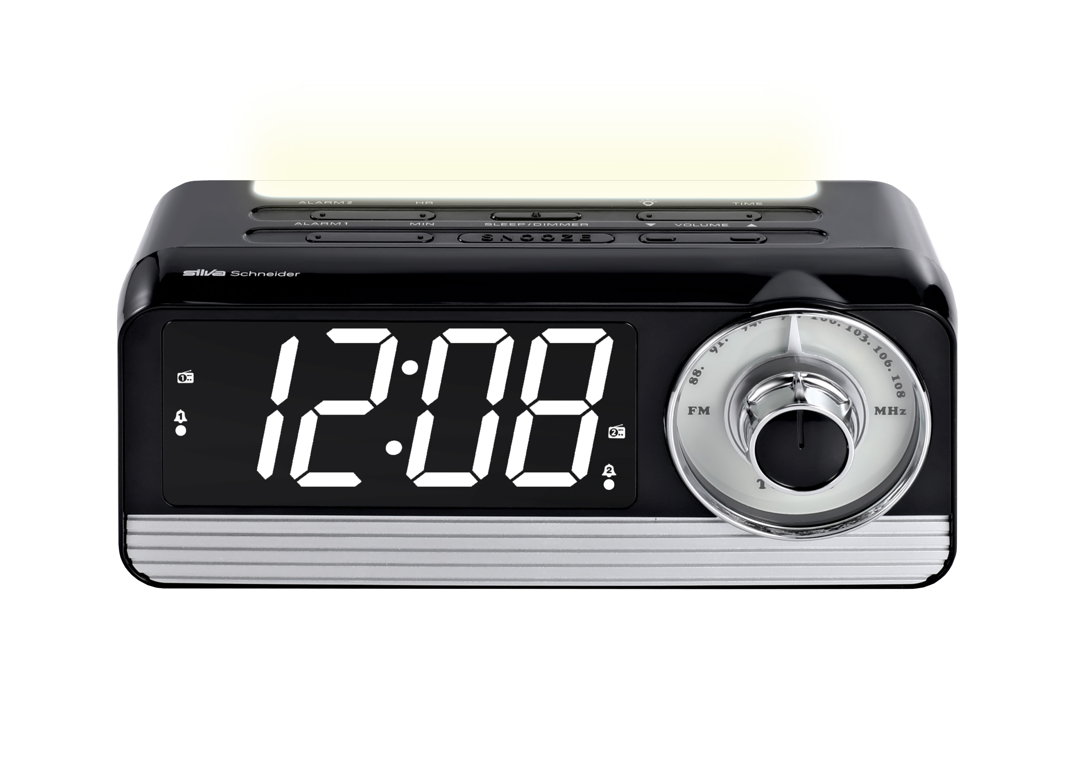 Ein schwarzer Radiowecker mit Digitalanzeige zeigt 12:08 Uhr an.