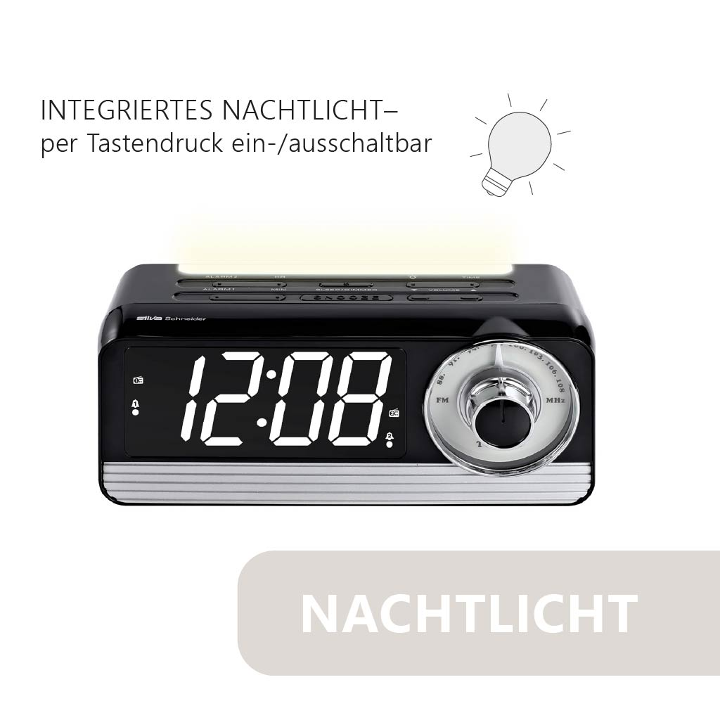 Ein schwarzer Radiowecker mit hellem Display zeigt 12:08. Ein Lichtstreifen leuchtet oben.