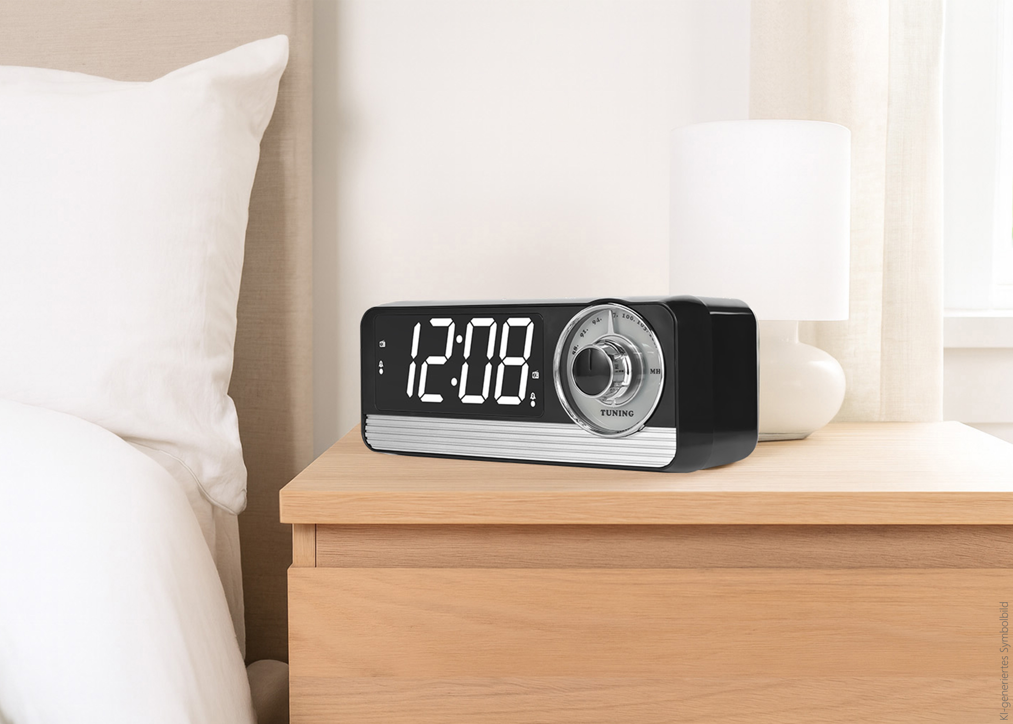 Digitaluhr mit Radio auf Nachttisch neben Bett, Lampe im Hintergrund.