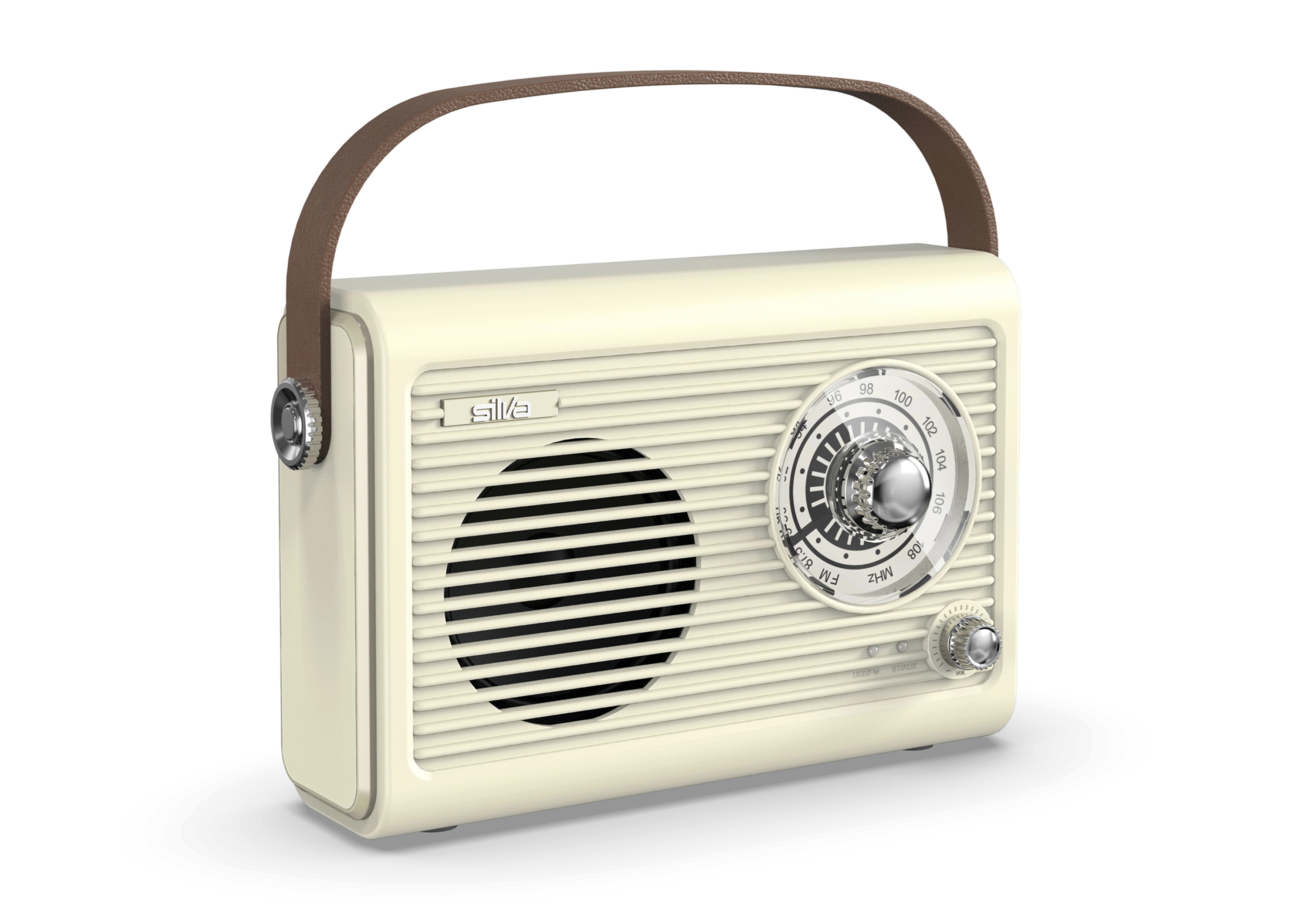 Cremefarbener Retro-Radio mit braunem Ledergriff und silbernen Knöpfen.