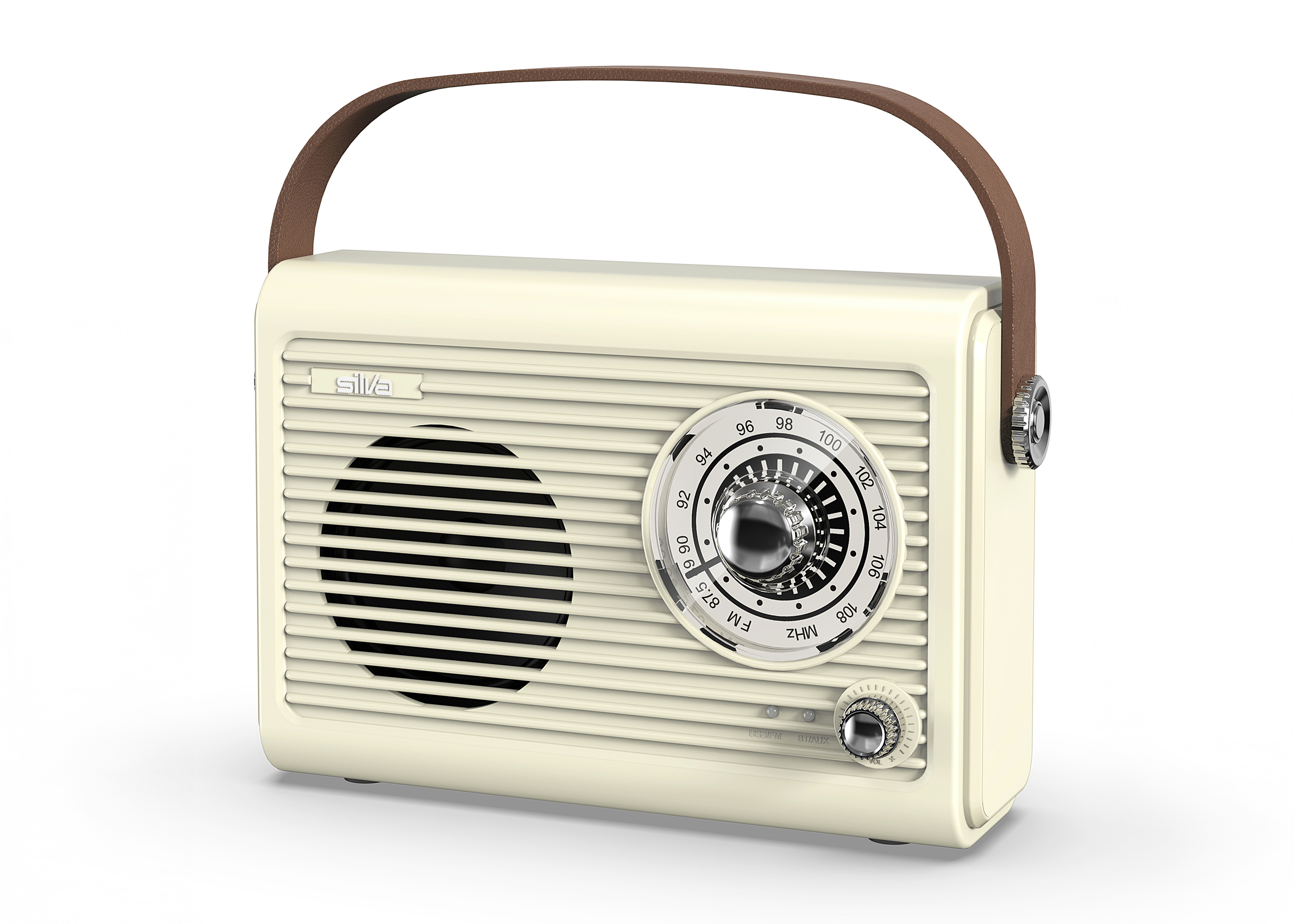 Cremefarbener Retro-Radio mit braunem Ledergriff und silbernem Knopf.