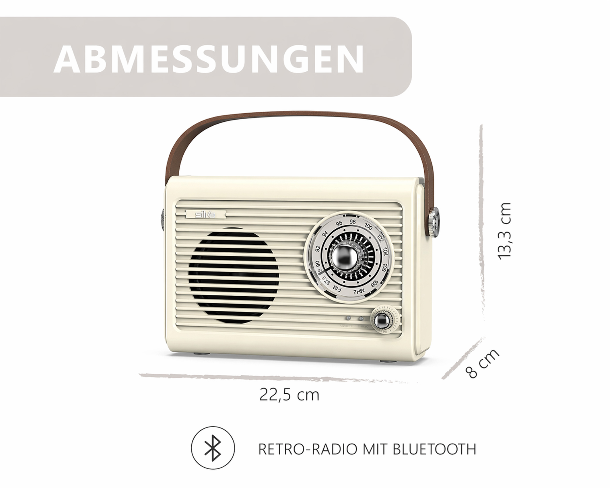 Ein cremefarbener Retro-Radio mit braunem Griff. Maße: 22,5x13,3x8 cm.