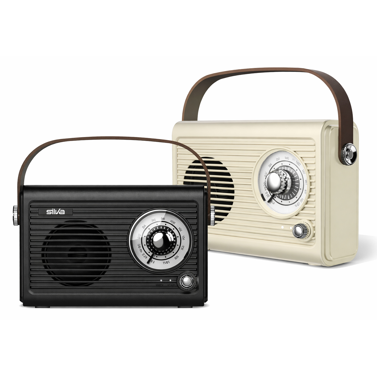 Zwei Retro-Radios, eins schwarz, eins cremefarben, mit Ledergriffen.