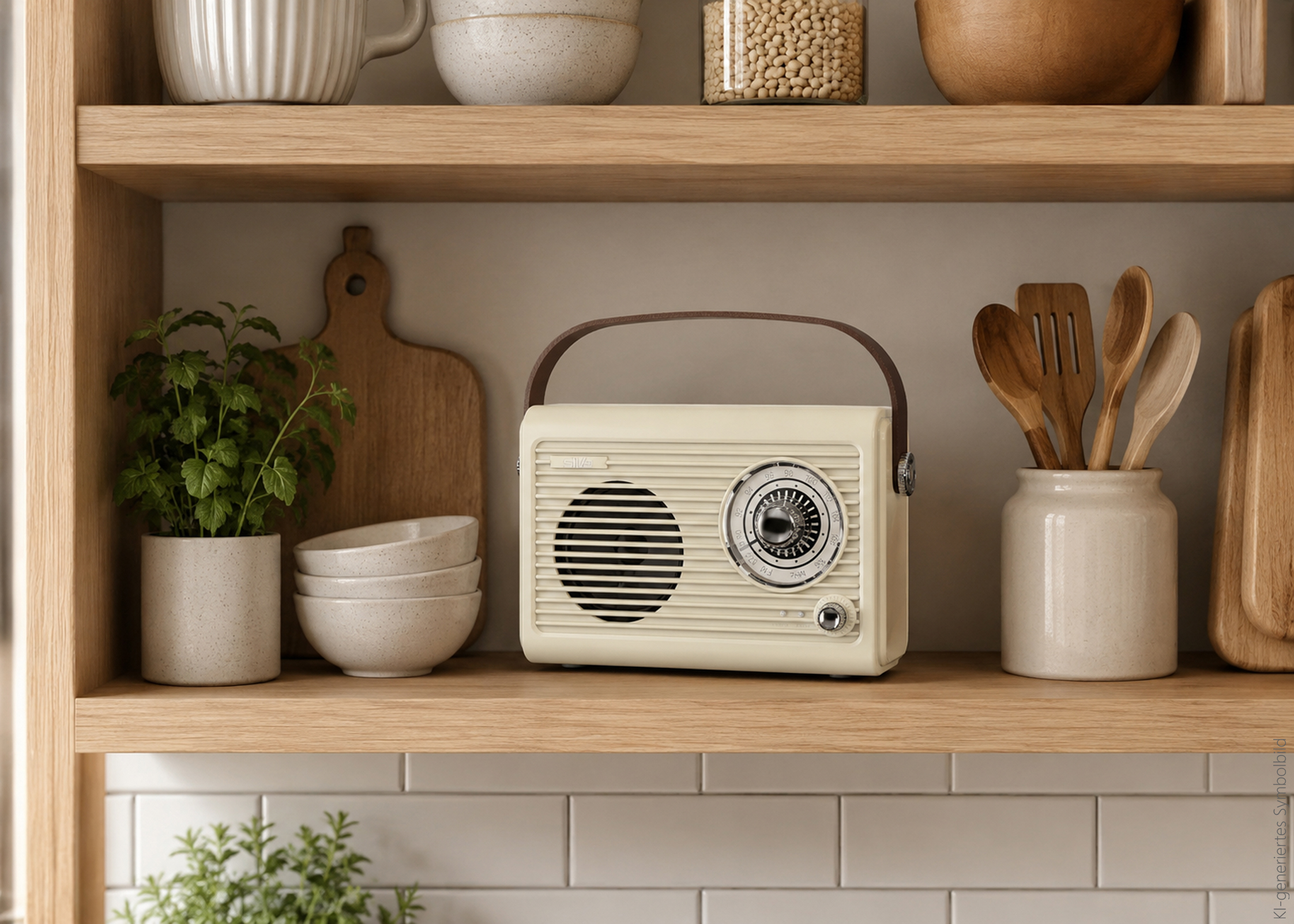 Ein cremefarbener Retro-Radio steht auf einem Holzregal neben einer Topfpflanze und Schüsseln.