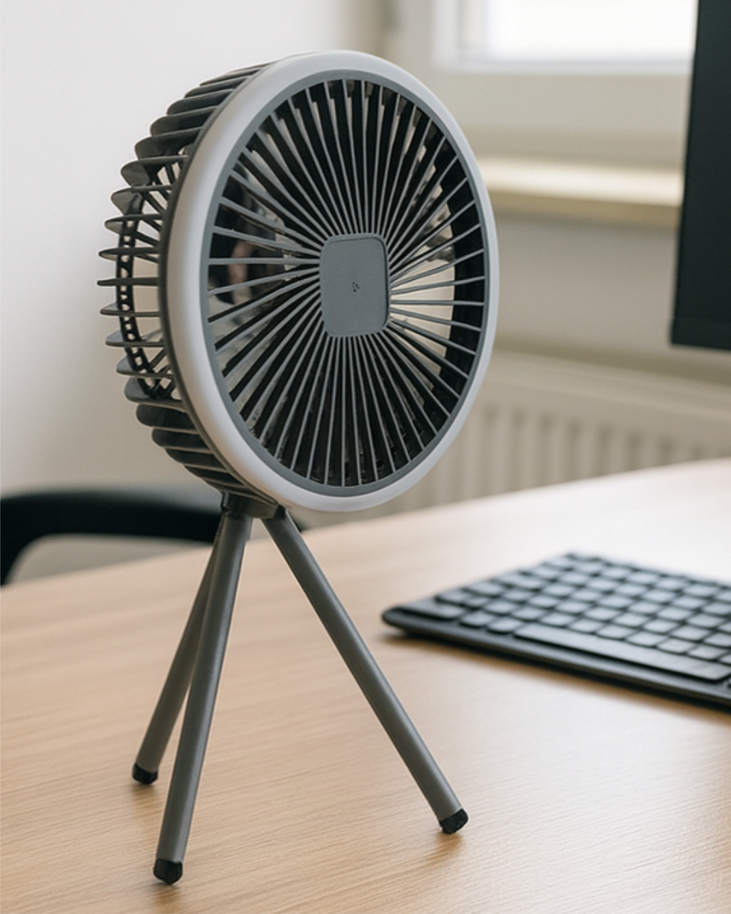 Egy szürke, állványos ventilátor áll egy faasztalon, egy billentyűzet mellett.