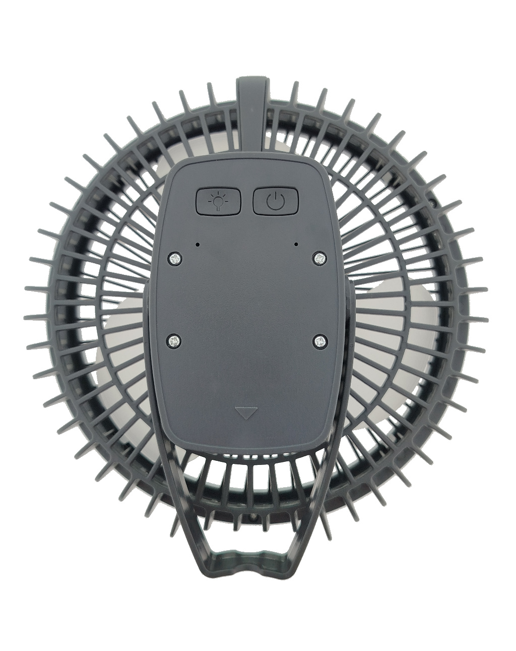 Egy szürke ventilátor fogantyúval és két gombbal a tetején.