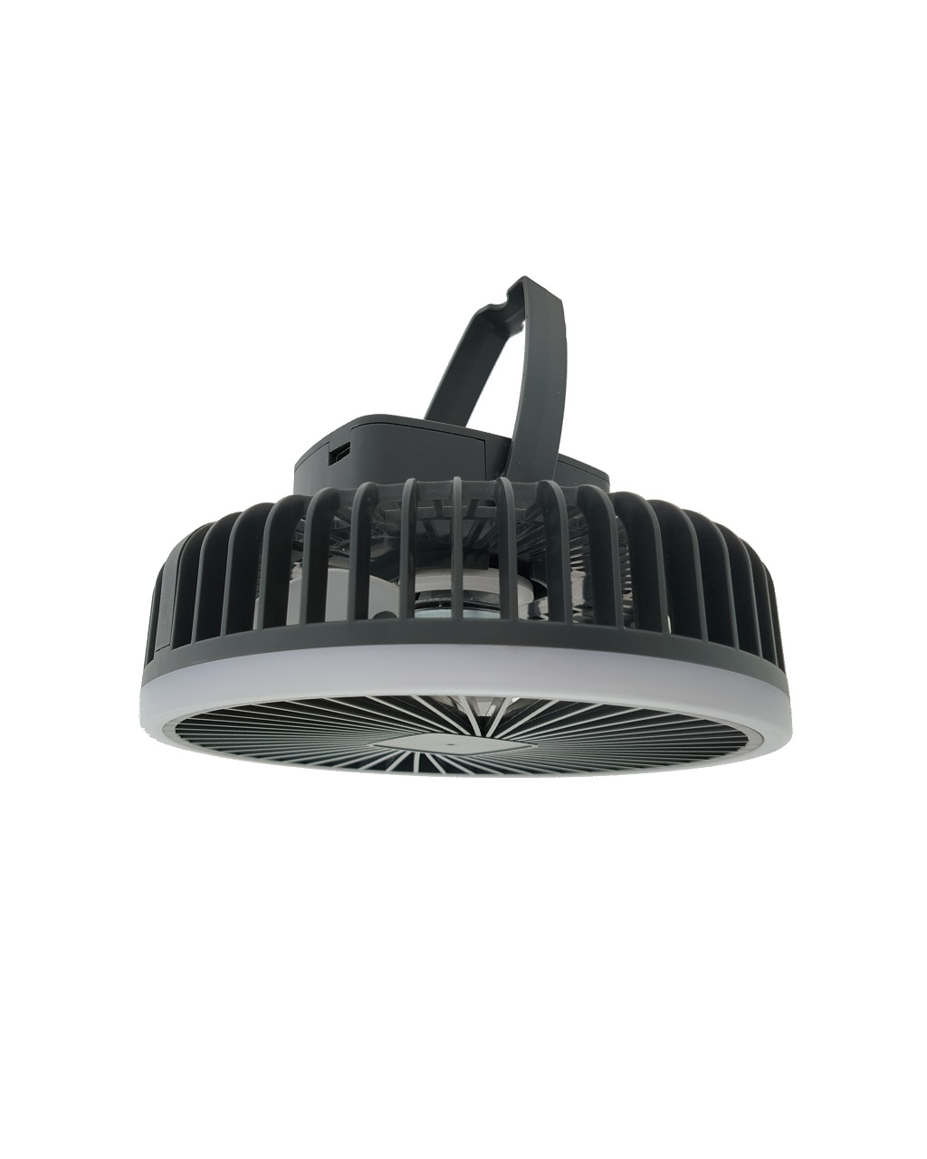 Sötét mennyezeti ventilátor LED világítással és akasztófogantyúval.