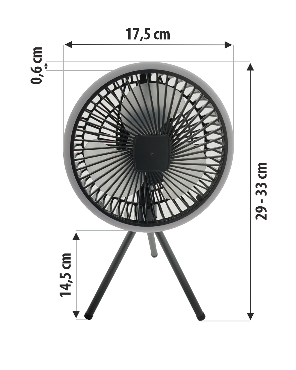 Kerek, fekete ventilátor három lábbal. Méretek láthatók.