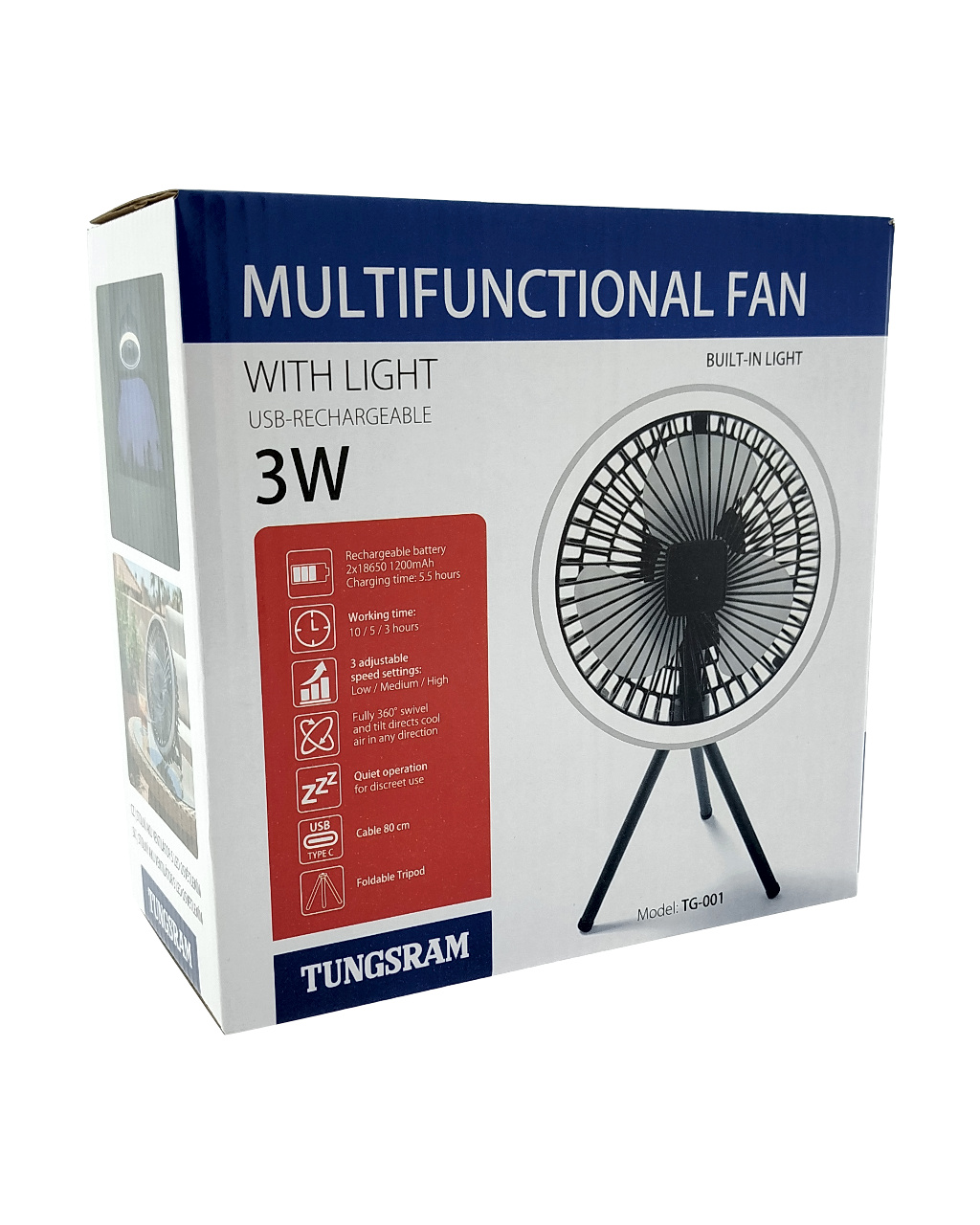 Multifunkcionális ventilátor doboza beépített fénnyel.