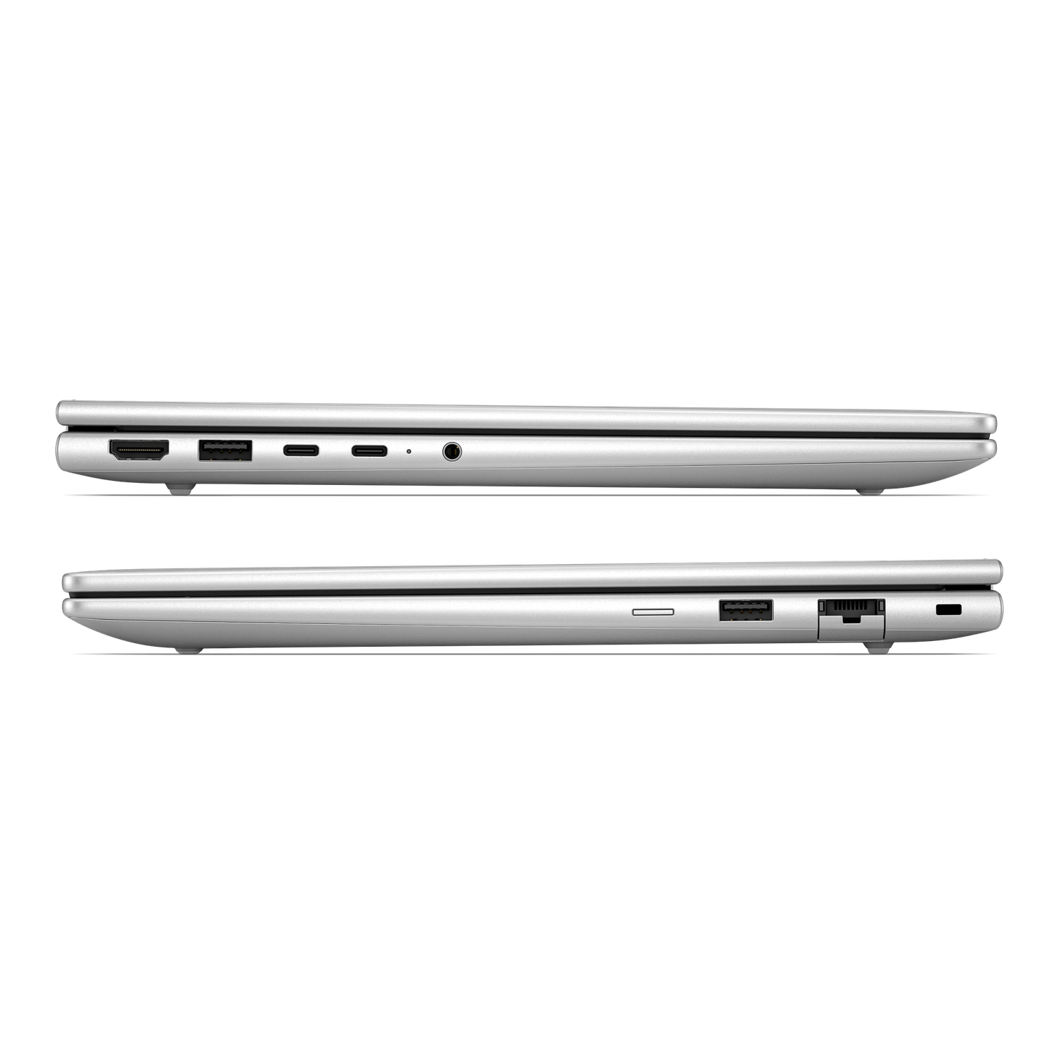 Zilveren laptop zijaanzicht met poorten: HDMI, USB-C, audio jack.
