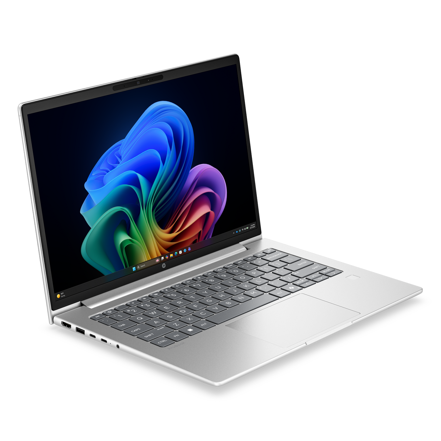 Een zilveren laptop met verlicht scherm waarop een kleurrijk abstract patroon wordt weergegeven.