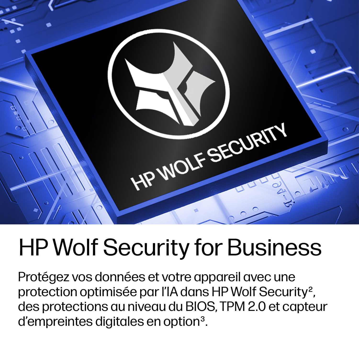 Une puce bleue avec le logo HP Wolf Security et du texte sur fond cybernétique.