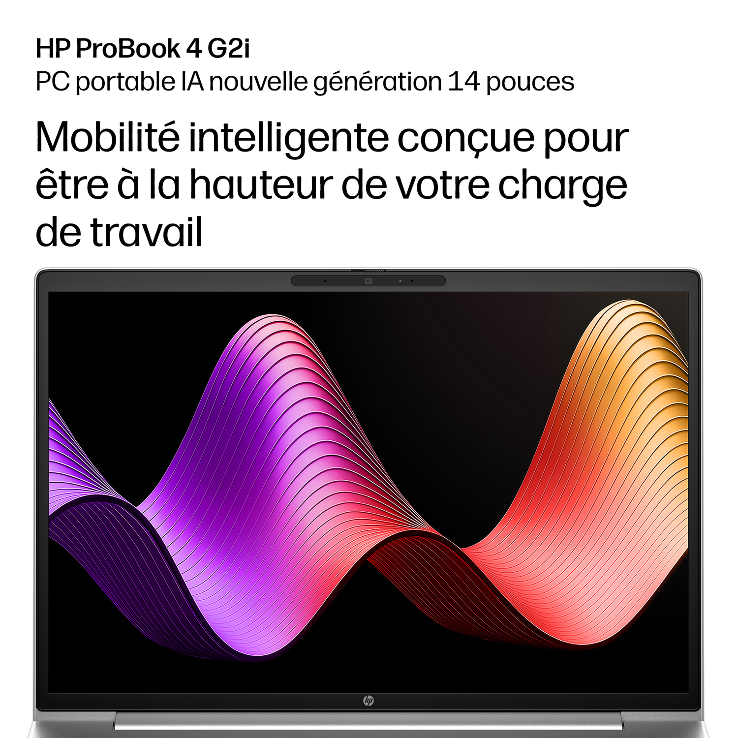Un ordinateur portable affichant un motif ondulé violet et orange.