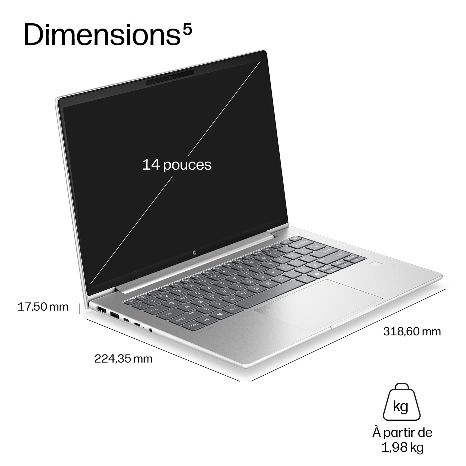 Un ordinateur portable argenté avec écran 14 pouces, dimensions et poids.