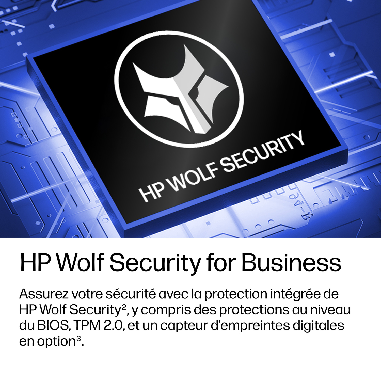 Une puce noire avec le logo et le texte HP Wolf Security sur fond bleu.