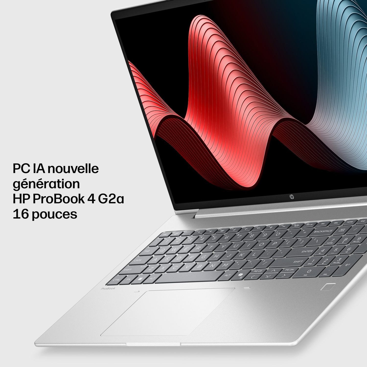 Ordinateur portable HP ProBook argenté avec fond d'écran abstrait rouge et bleu.