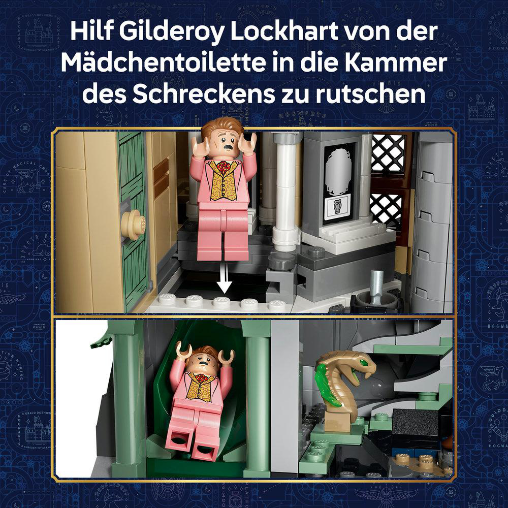 Lego-Figuren in einer Szene: Lockhart fällt in eine Toilette und kämpft gegen eine Schlange.