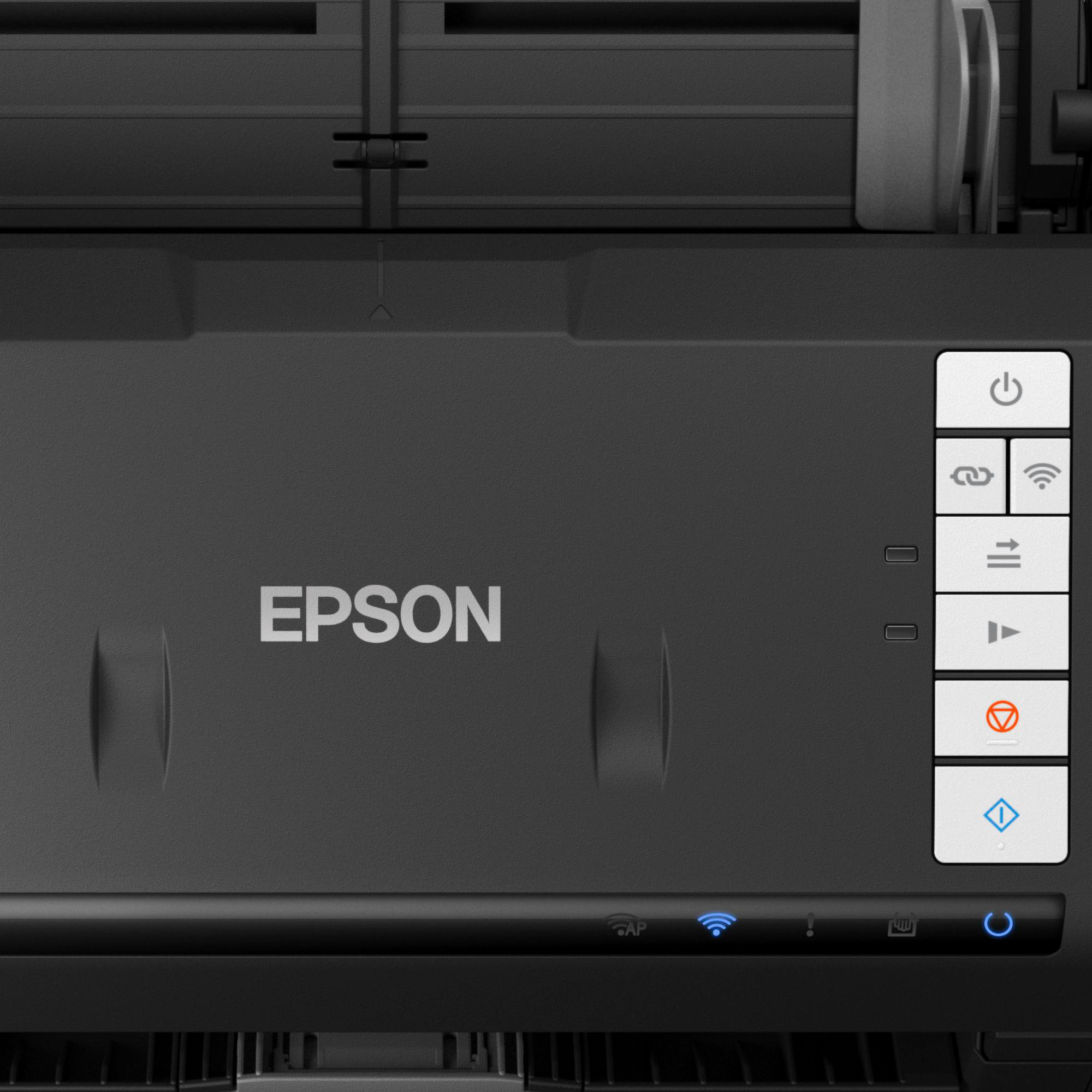 Ein schwarzer Epson Drucker mit verschiedenen Symboltasten und Anzeigen.