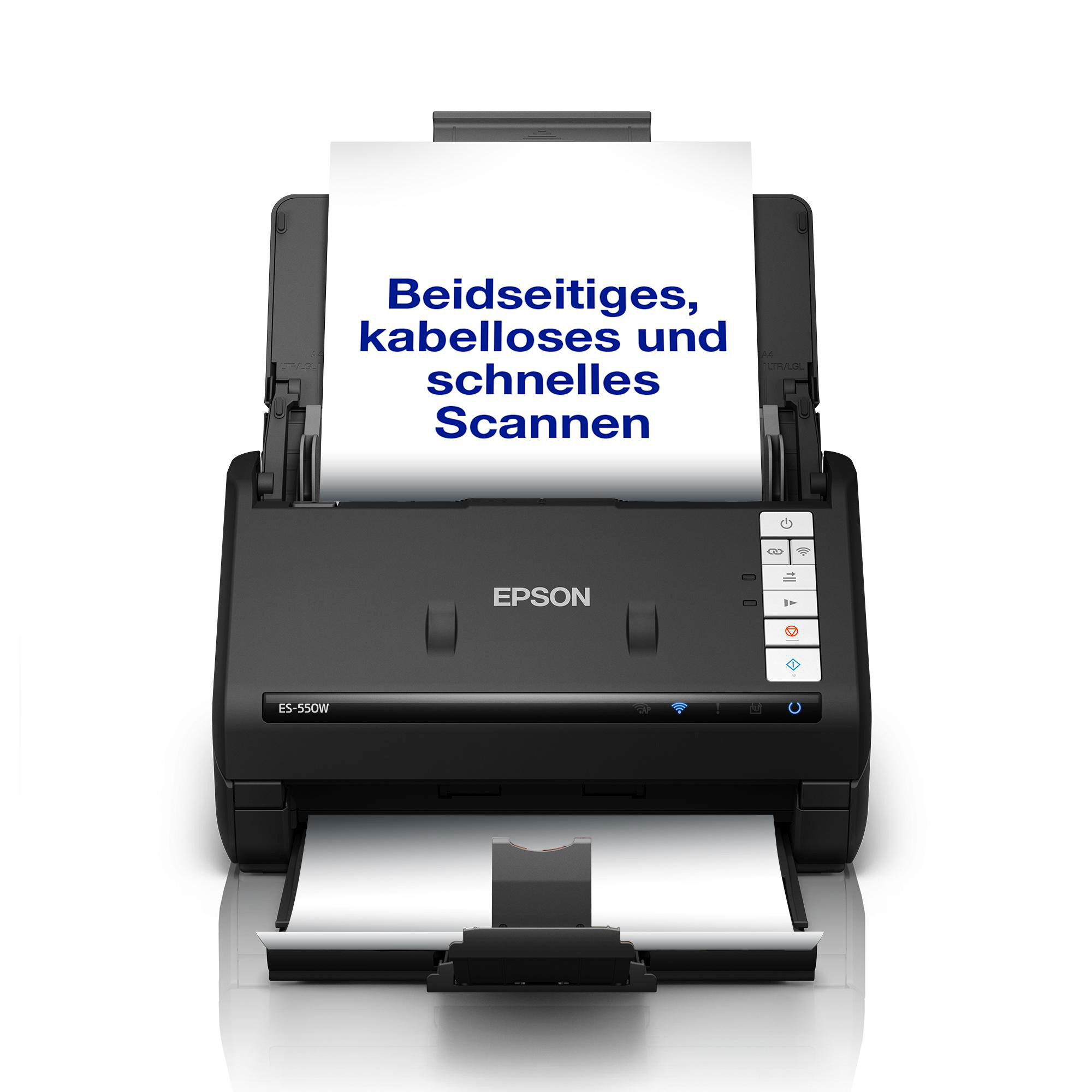 Ein schwarzer Epson ES-550W Scanner mit einem Blatt Papier, das oben eingelegt ist.