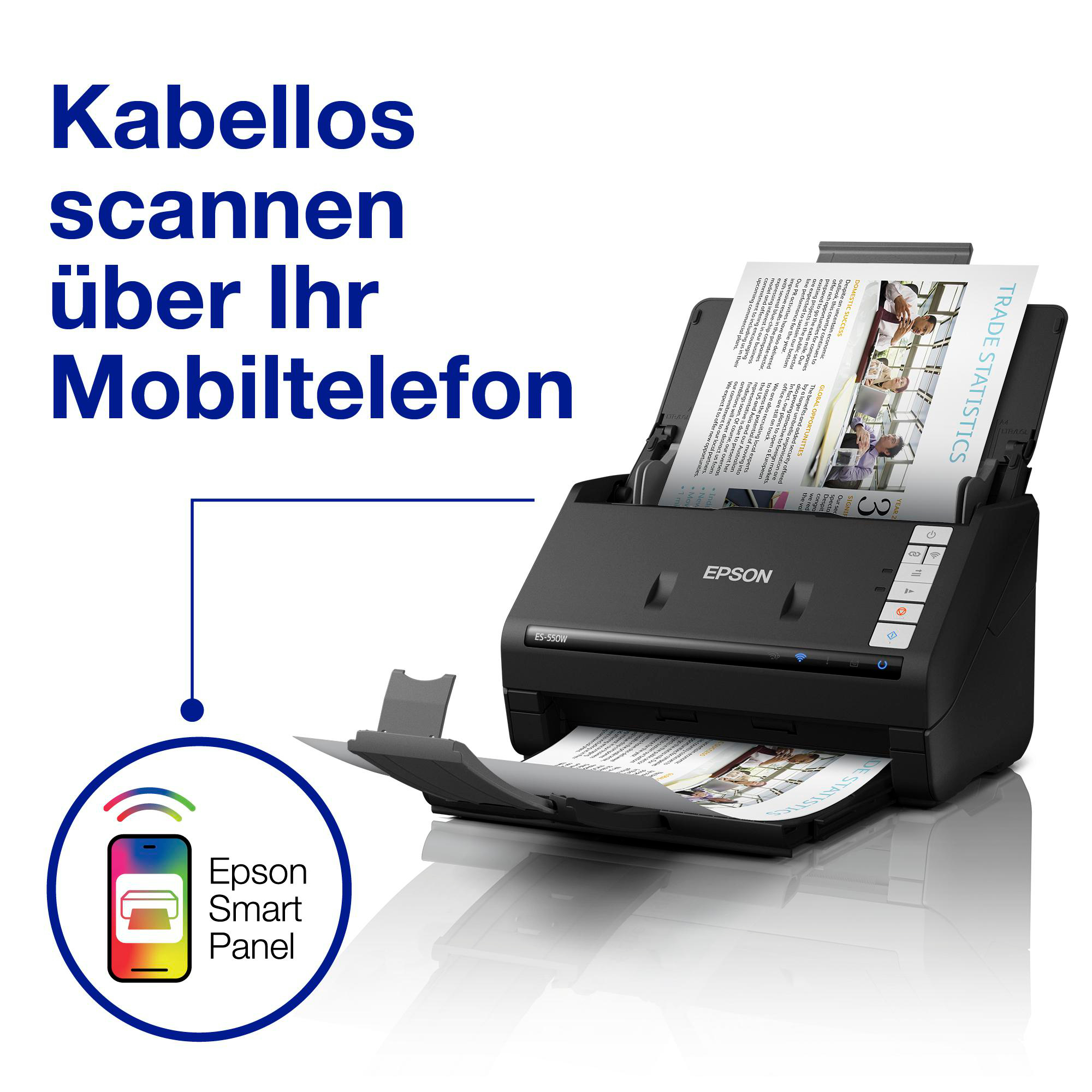 Ein Epson Scanner mit Dokumenten und dem Epson Smart Panel Logo.