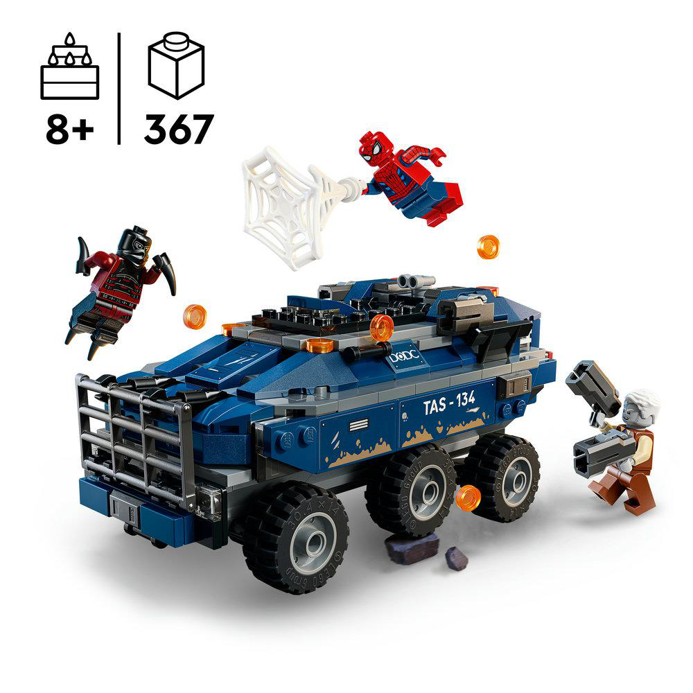 LEGO Spider-Man Set mit blauem Fahrzeug, Spider-Man und Schurken.