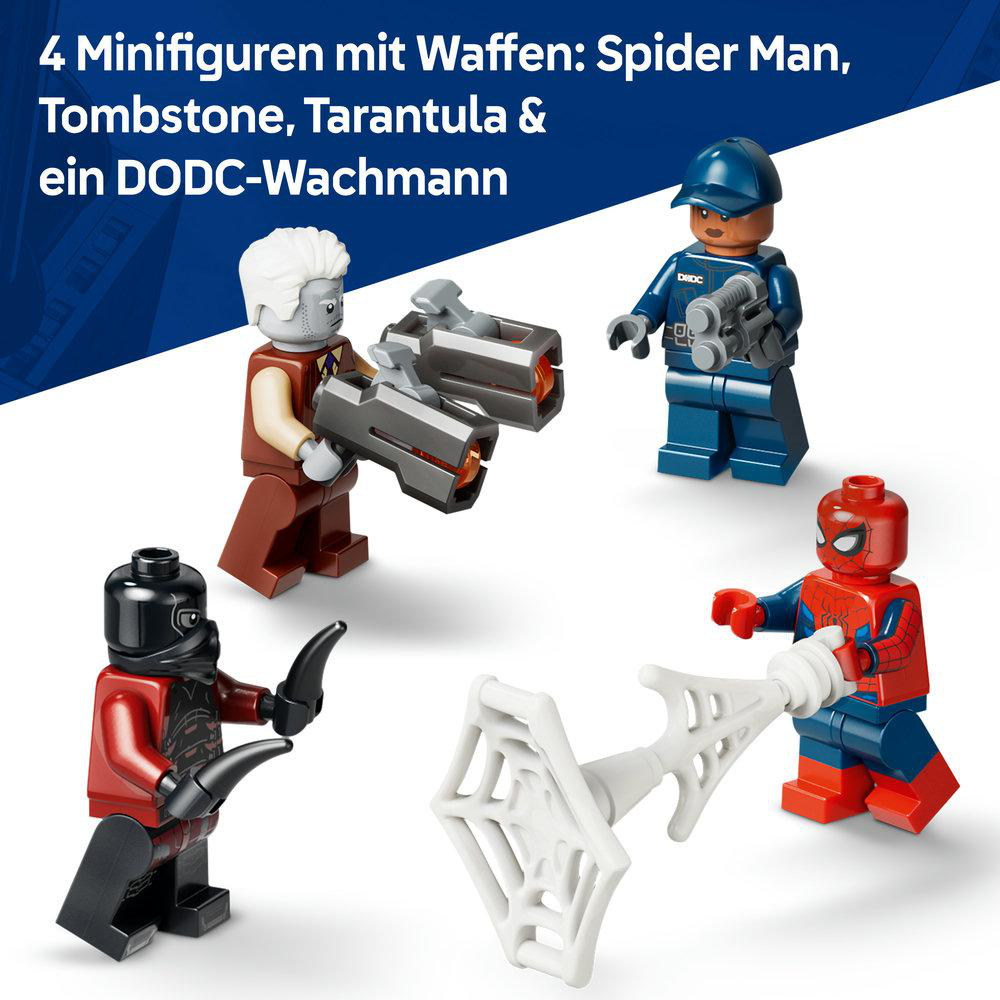 Vier Lego-Minifiguren: Spider-Man, Tombstone, Tarantula und DODC-Wachmann.