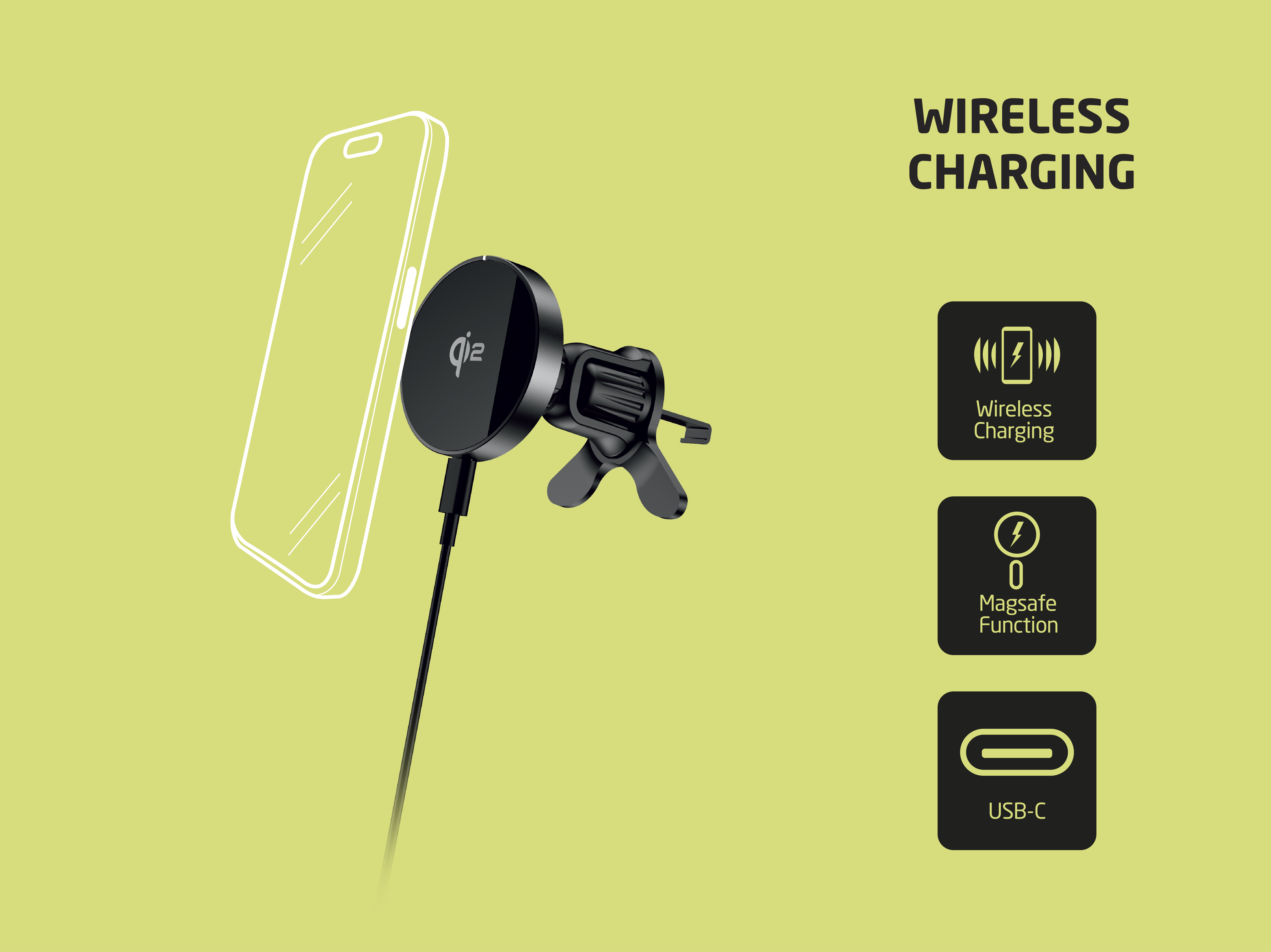 Czarna bezprzewodowa podstawka ładująca do telefonu, z portem USB-C.