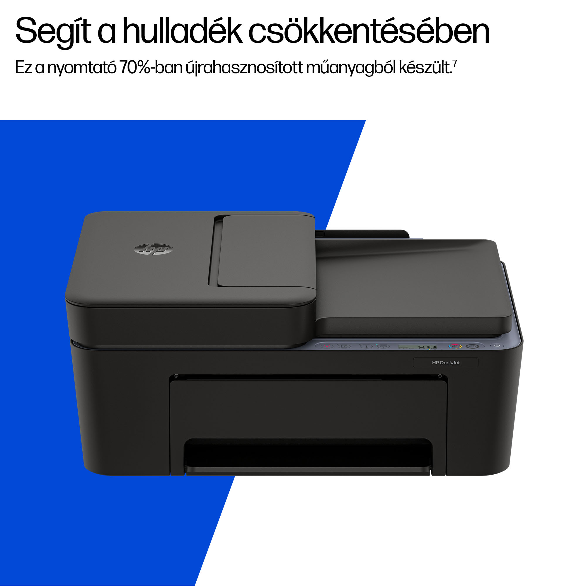 Egy fekete HP DeskJet nyomtató kék és fehér háttér előtt.