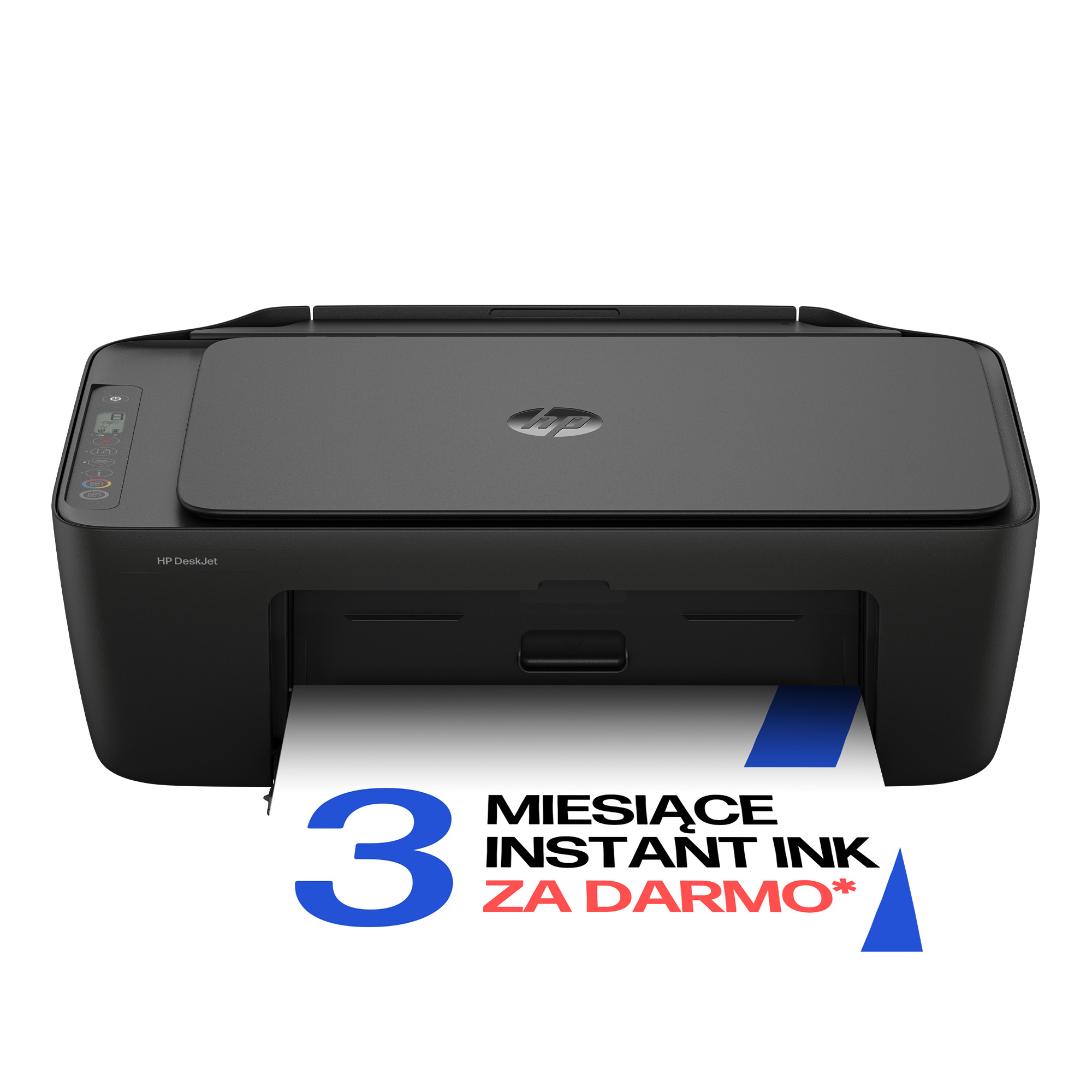 Czarna drukarka HP DeskJet z wydrukiem "3 miesiące darmowego tuszu Inst