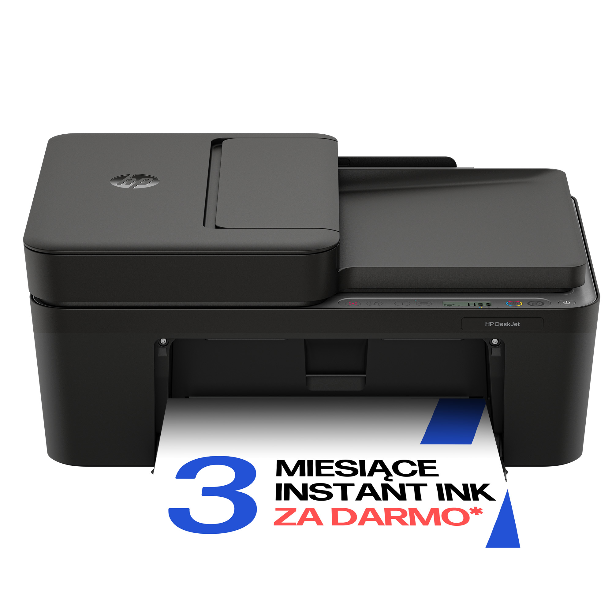 Czarna drukarka HP DeskJet z kartką z napisem "3 miesiące Instant Ink za darmo".