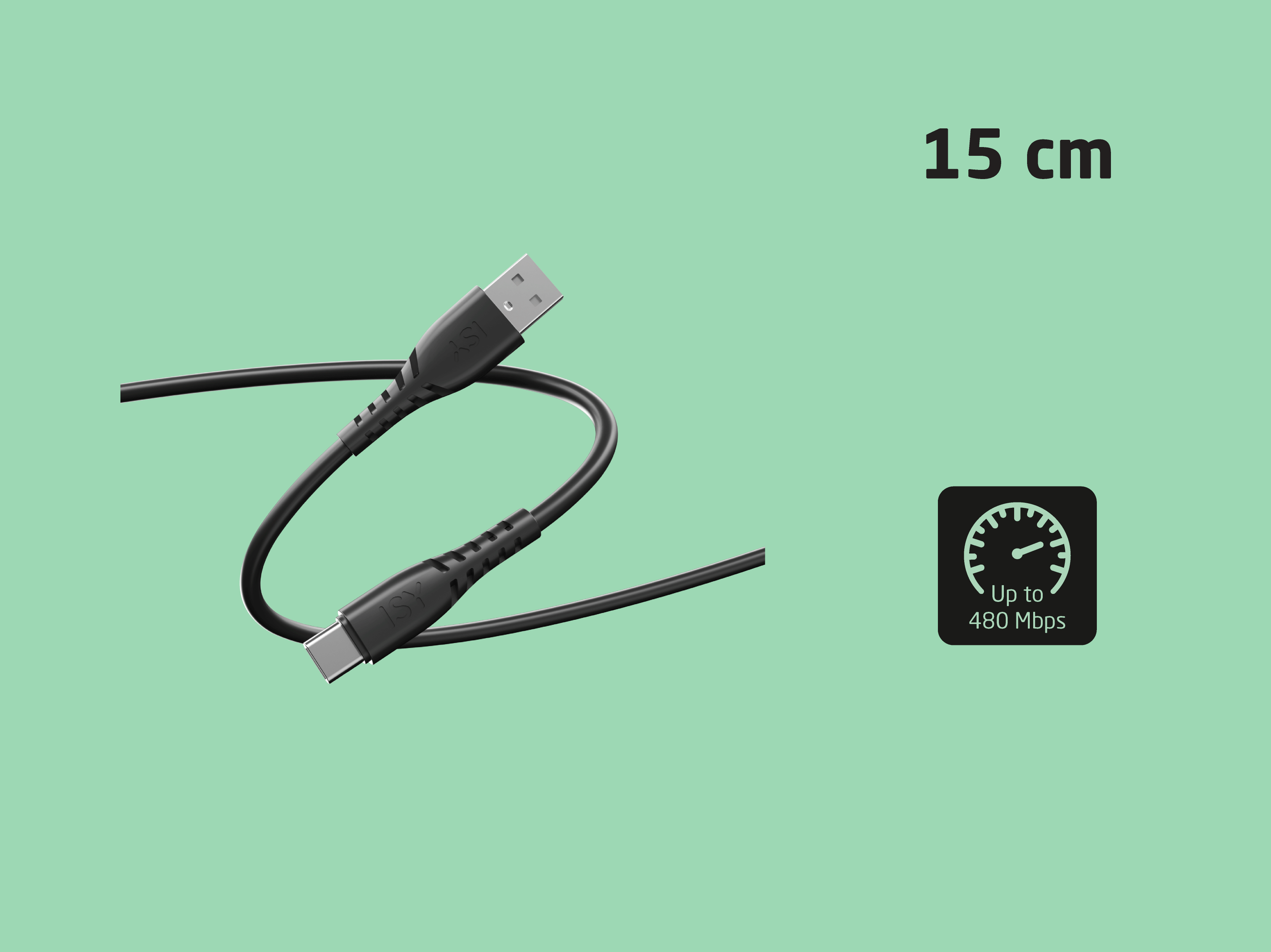 Czarny kabel USB ze złączem typu C i ikoną 15 cm.