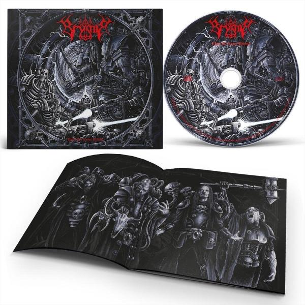 Ein Albumcover, eine CD und ein aufgeklapptes Booklet mit düsteren, metallischen Illustrationen.