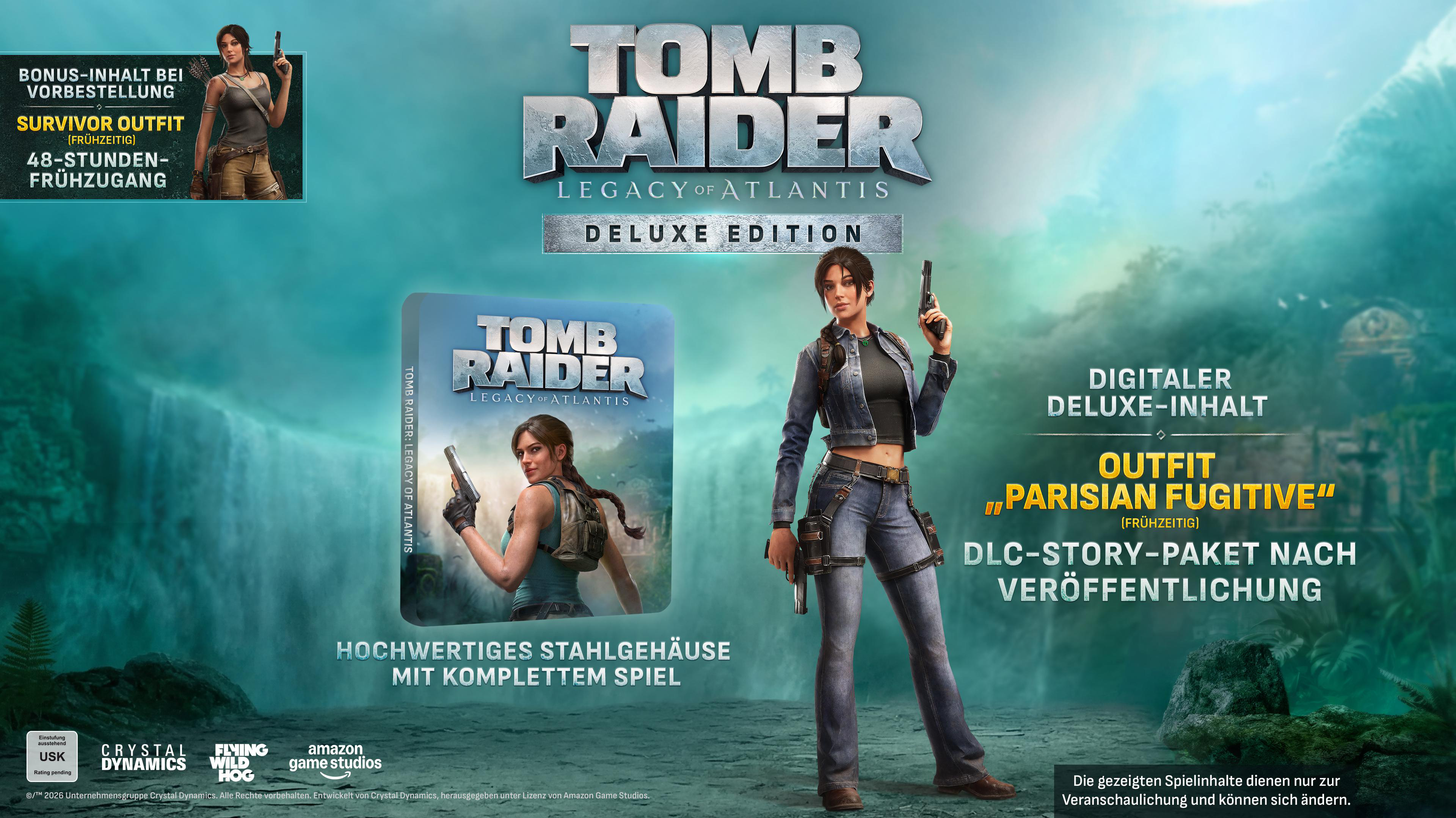 Lara Croft posiert mit Waffen vor dem Tomb Raider Spielcover. Bonus-Inhalt wird angezeigt.