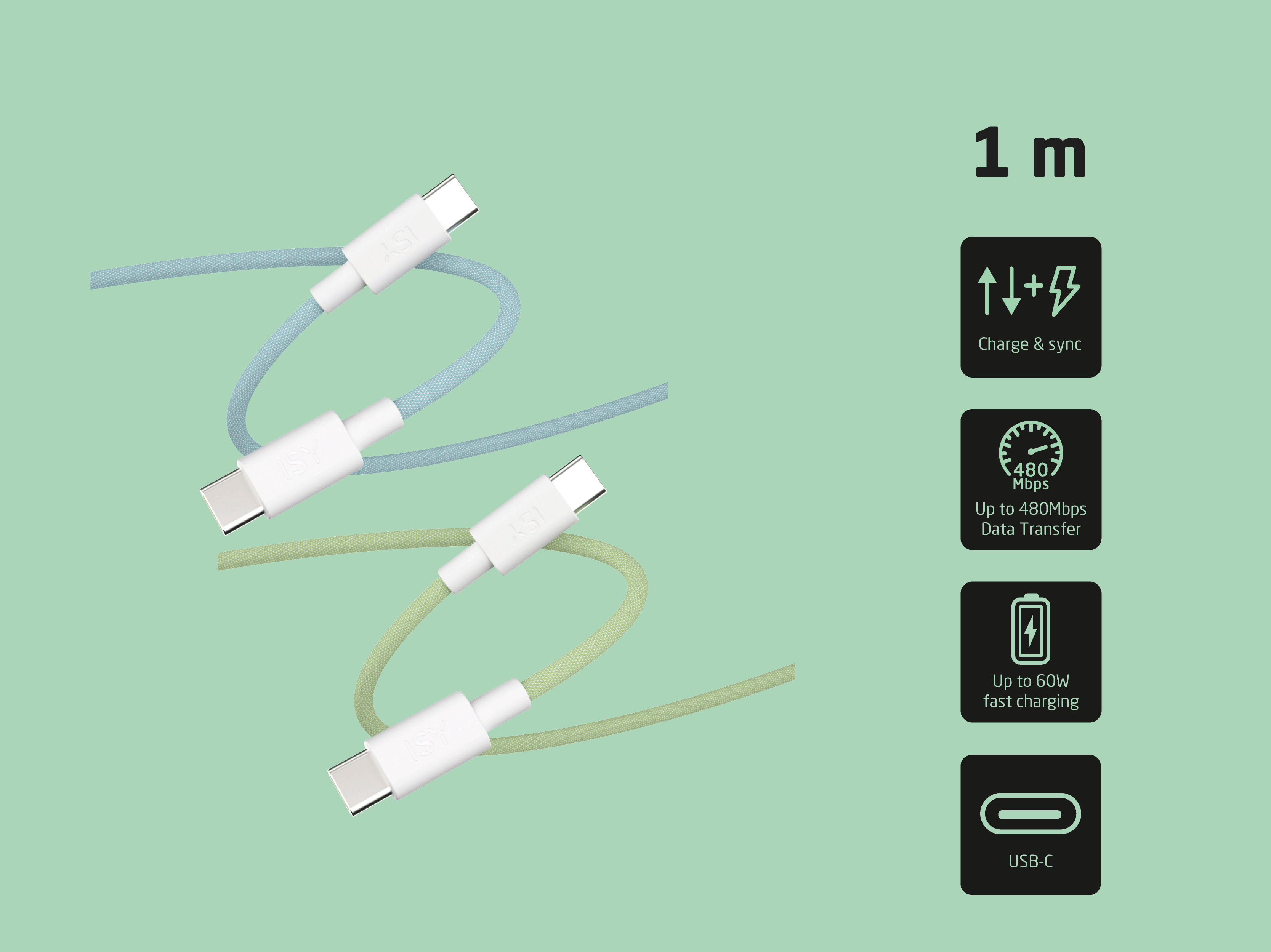 Dwa kable USB-C, niebieski i zielony, z białymi złączami na miętowym tle.
