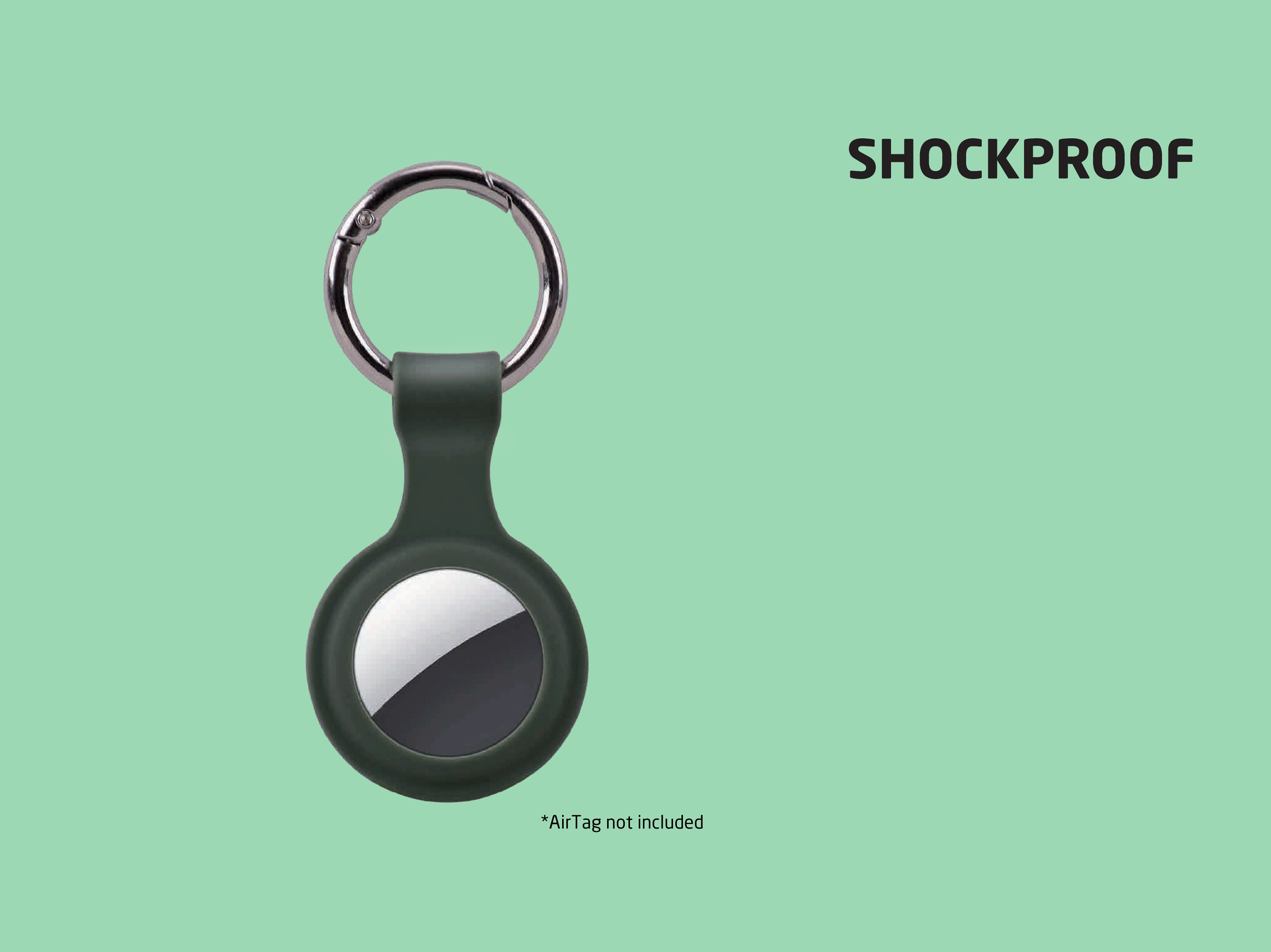 Funda verde oscura para AirTag con llavero. Texto: SHOCKPROOF.