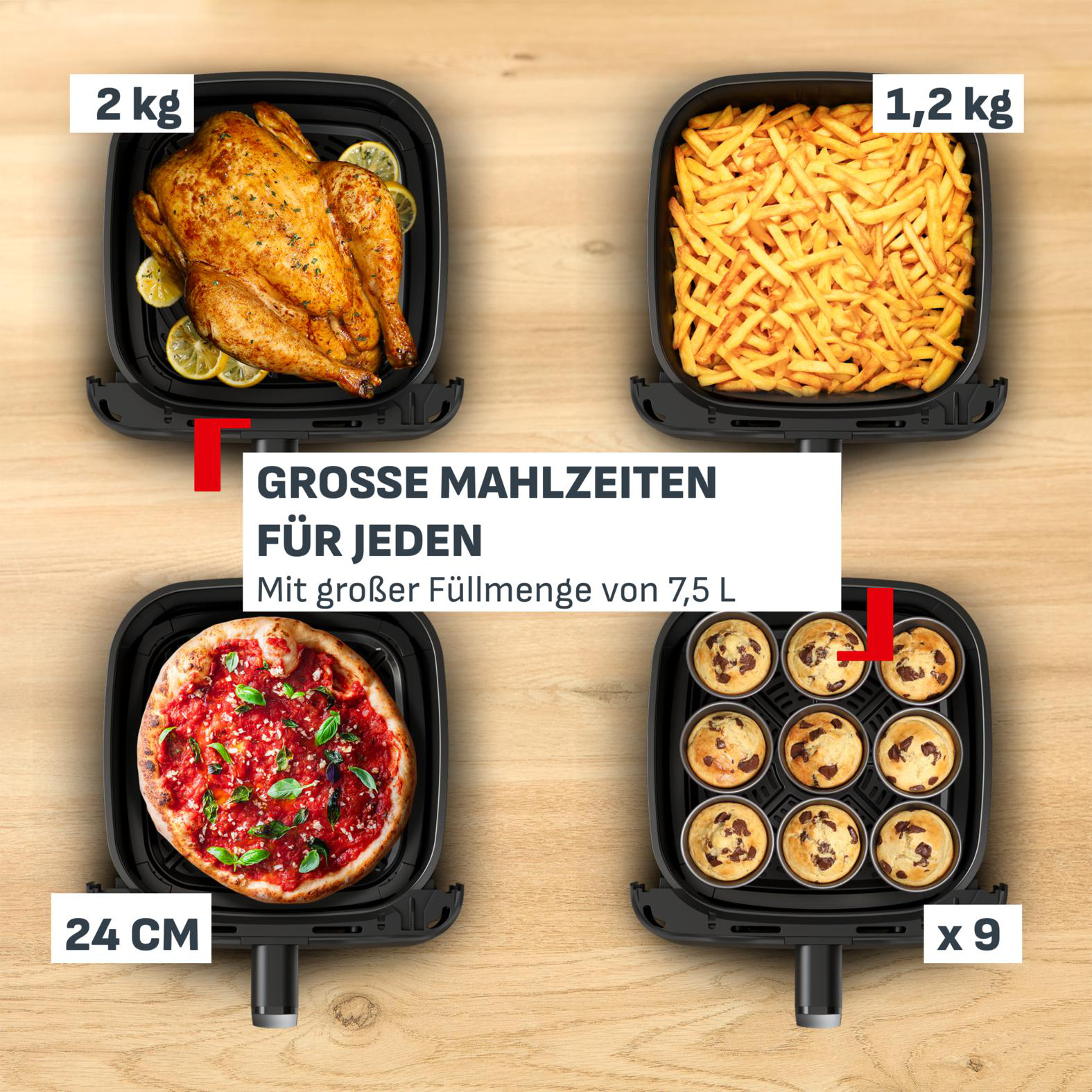 Ein Backofen mit Speisen: Huhn, Pommes, Pizza und Muffins.