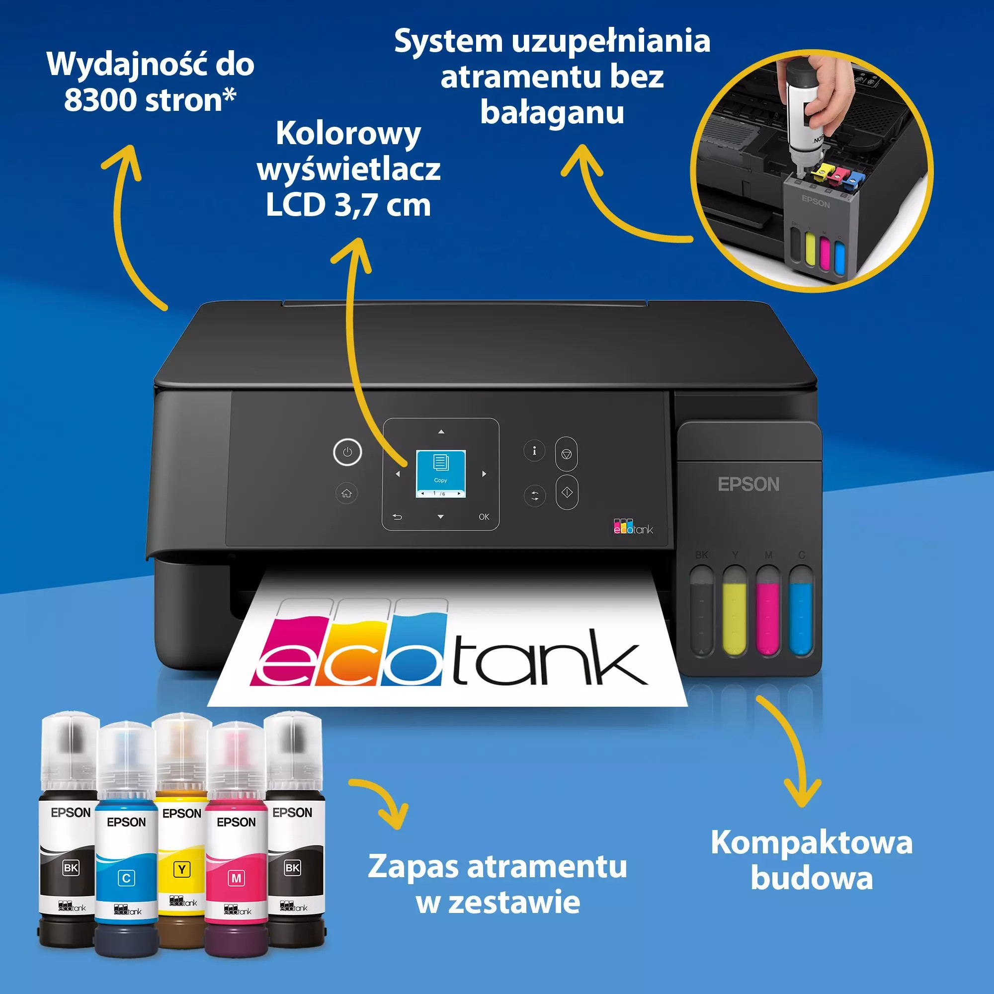 Drukarka Epson EcoTank z butelkami z atramentem i funkcjami na niebieskim tle.